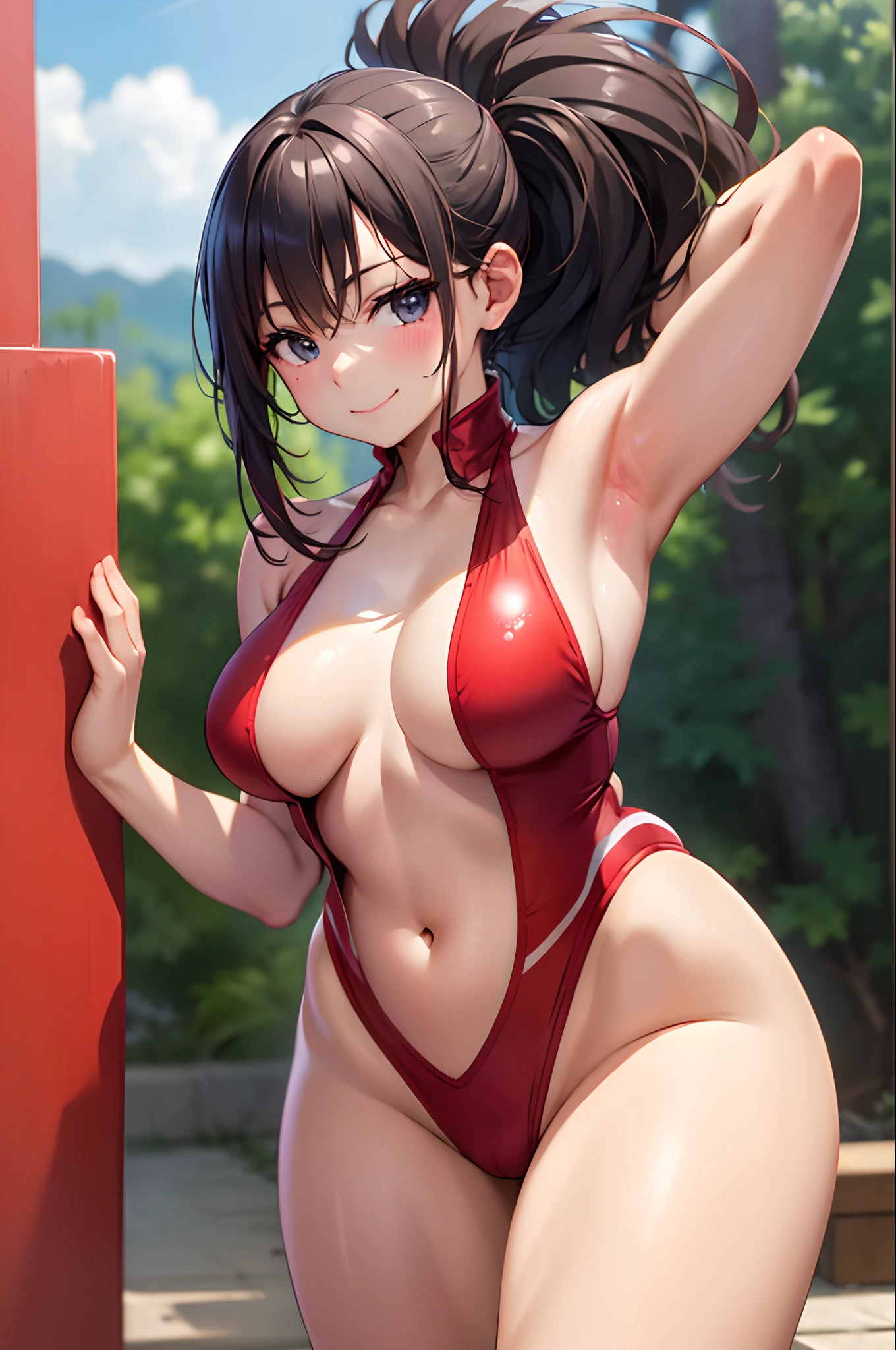 (masterpiece, best quality:1.2), cowboy shot, solo, 1girl, yaorozu momo, smile, closed mouth, look at the viewer, hands behind the head, squats, legs spread, red swimsuit