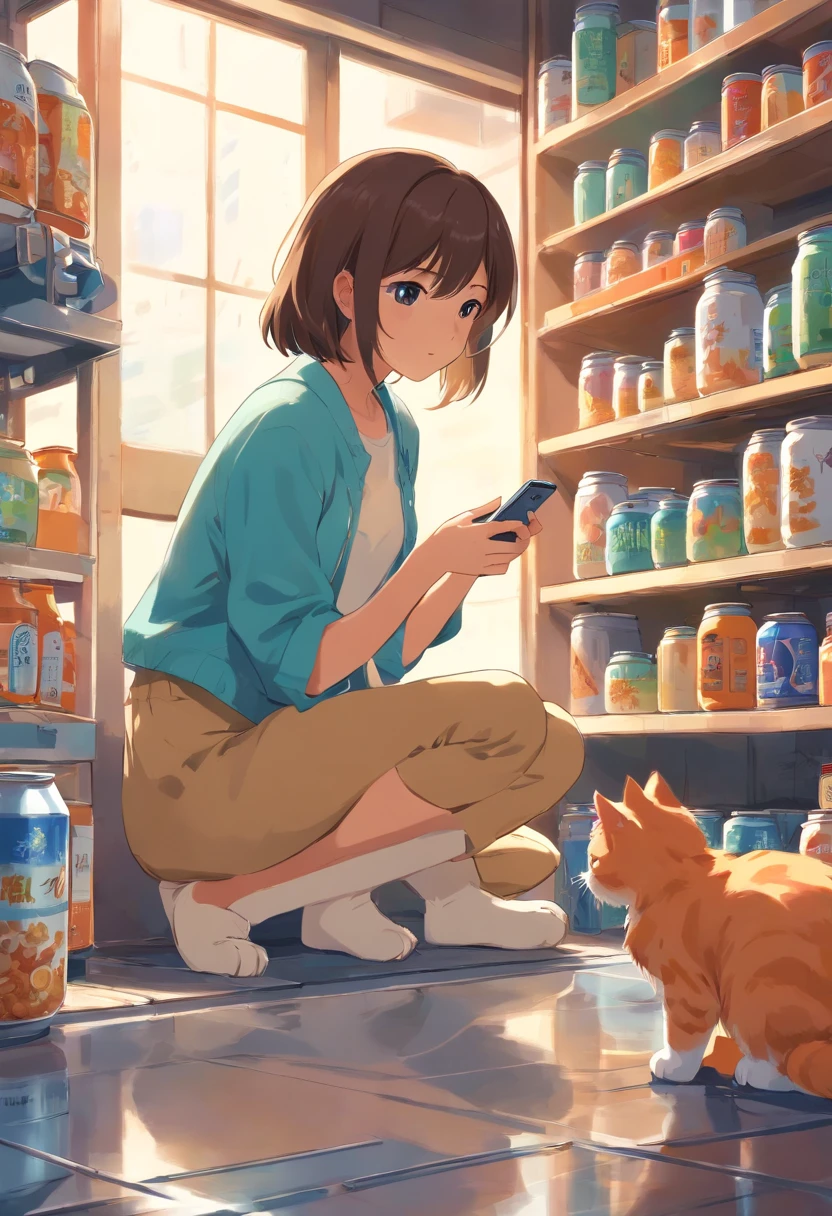Cats see cans, Eating food, Stuck in the jar, Girl holding cell phone in her hand,playing with mobile phone