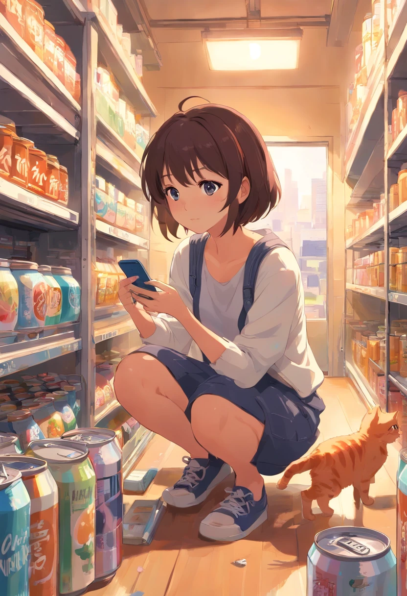 Cats see cans, Eating food, Stuck in the jar, Girl holding cell phone in her hand，playing with mobile phone