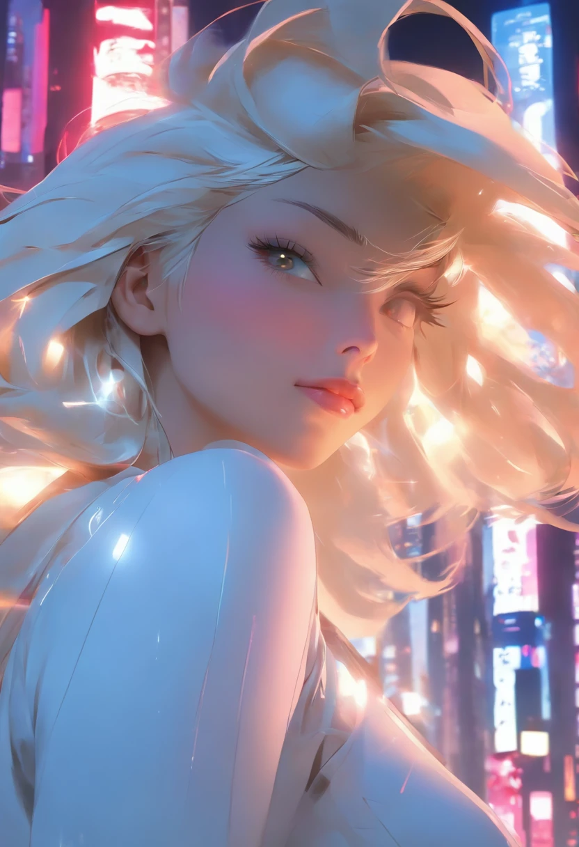 Masterpiece, Highest quality, (solofocus), (Perfect face:1.1), (High detail:1.1),Dramatic, 1人, (Pale skin), Long white hair, White eyes, [Light eyebrows], Solo, Long hair, Moon, Night, white luxury suit, covered navel, pouty lips, Covered, Futuristic city, Detailed background, Art by Artgerm and Greg Rutkowski, Cinematic lighting, rosette, Fashion, BalenciagaStyle