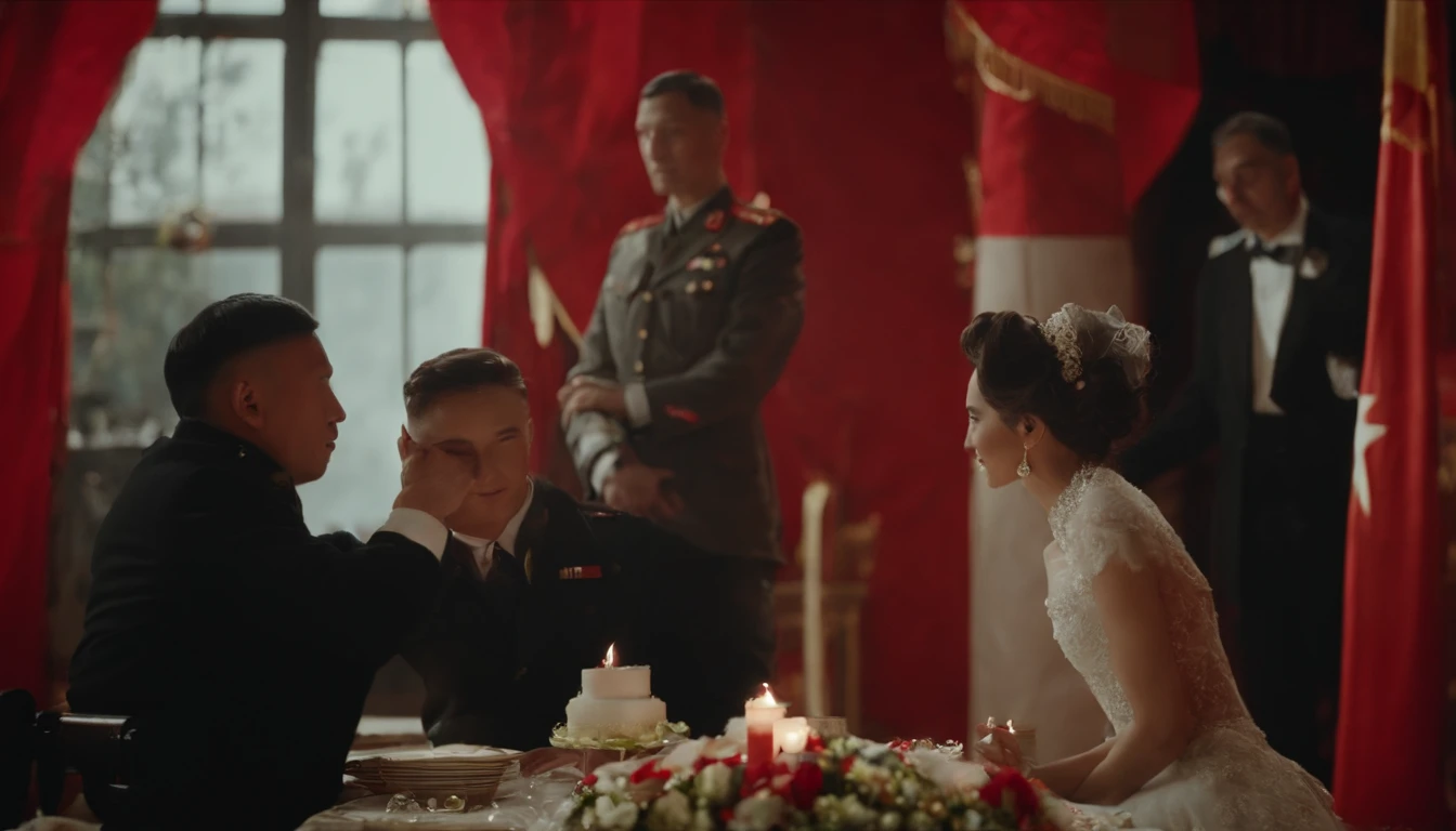 mier,Hui bride,Red Army soldier groom,Basic room,There is a party flag