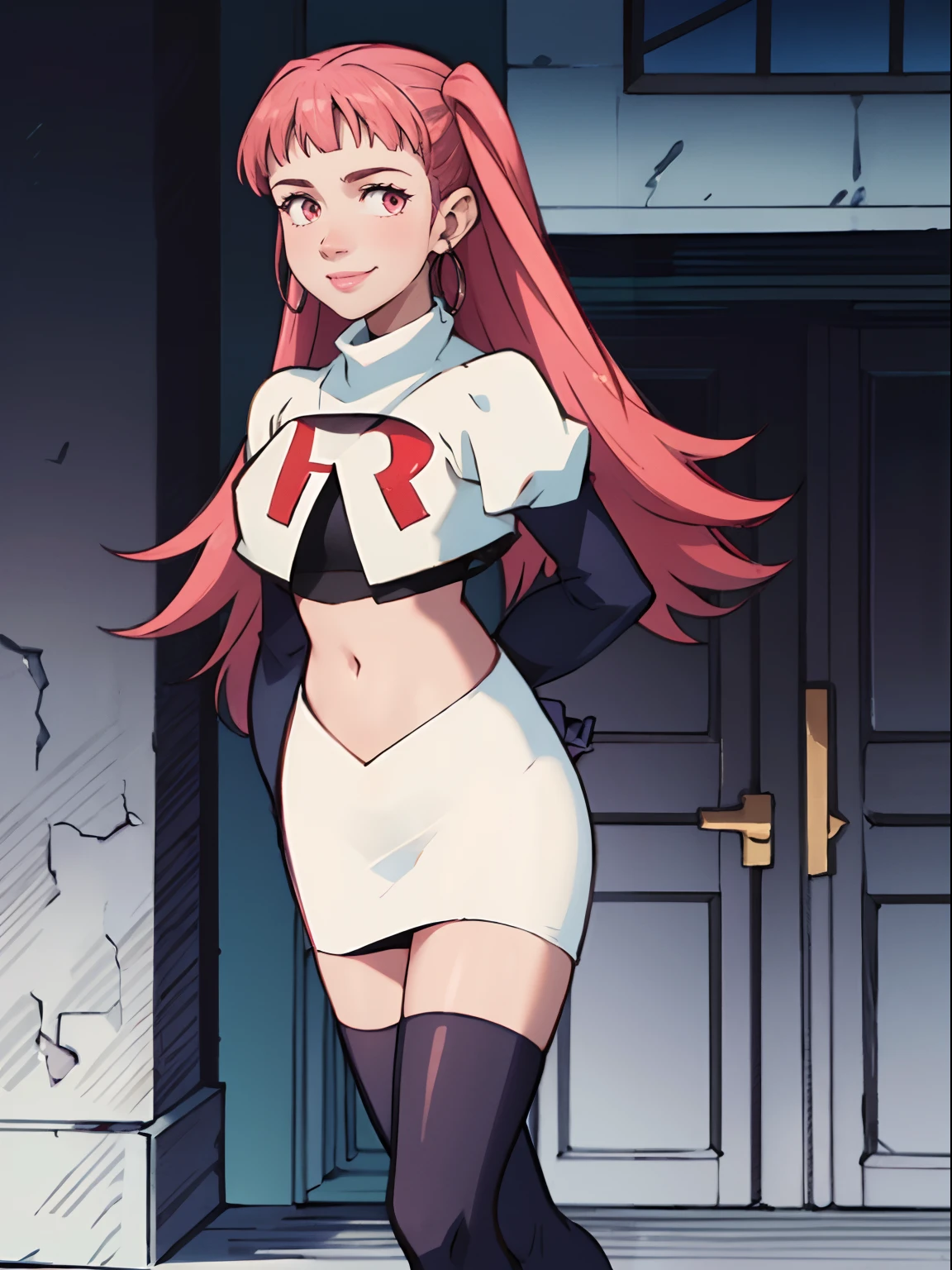 hilda valentine goneril,rocket,team rocket uniform, red letter R, white skirt,white crop top,black thigh-highs,black elbow gloves, smile, hands behind back