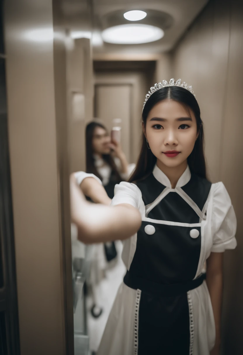 Asian high school girl wearing maid outfit and taking selfie in the mirror at the elevator