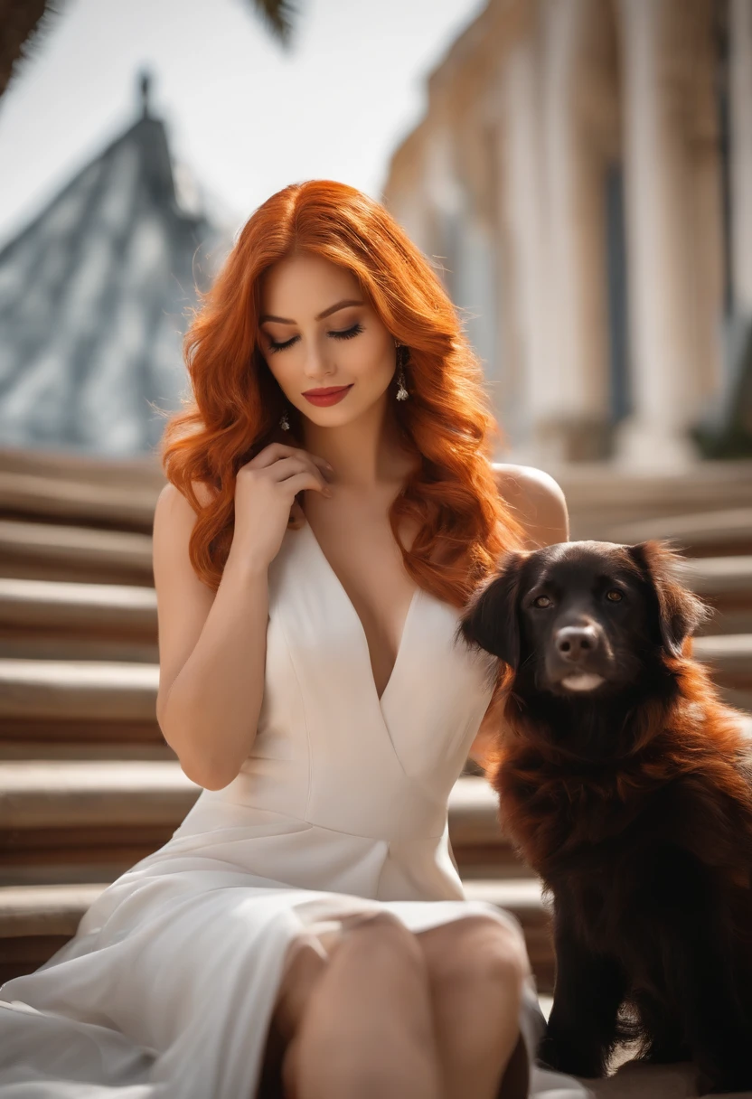 (Embarrassed), red hair, orange hair, Estilo WeriArt, 1girl, corar, parte superior do corpo, olhos altamente detalhados, Contrata, 鎖骨, vestido babado, boca aberta, loira , baixinha, with two shityzu dogs. Na Disney