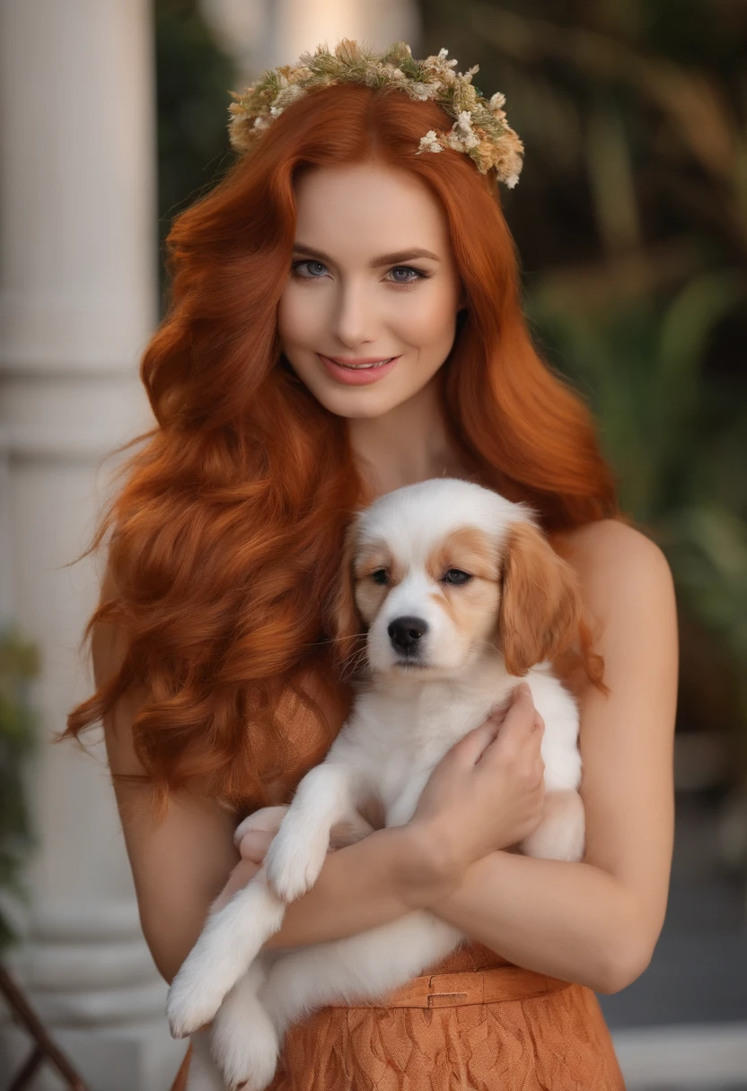 (Embarrassed), red hair, orange hair, Estilo WeriArt, 1girl, corar, parte superior do corpo, olhos altamente detalhados, Contrata, 鎖骨, vestido babado, boca aberta, loira , baixinha, with two shityzu dogs. Na Disney