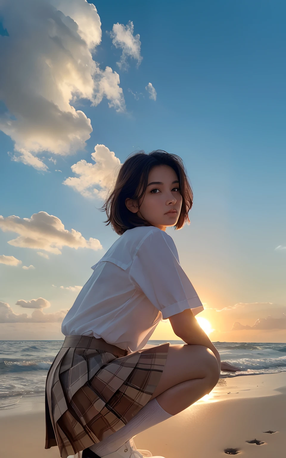 close up , ((From below)), top quality, masterpiece, 16 K, Photorealistic, Concept art, Beautiful cool girl squatting on the beach , Beautiful face, Beautiful medium bob hair in light brown, beautiful light brown eyes, Plump breasts, look at viewr, blush, High School Uniform, White blouse, pleatedskirt, Black socks, Sunset Sea Shore, Orange sky, Beautiful clouds,