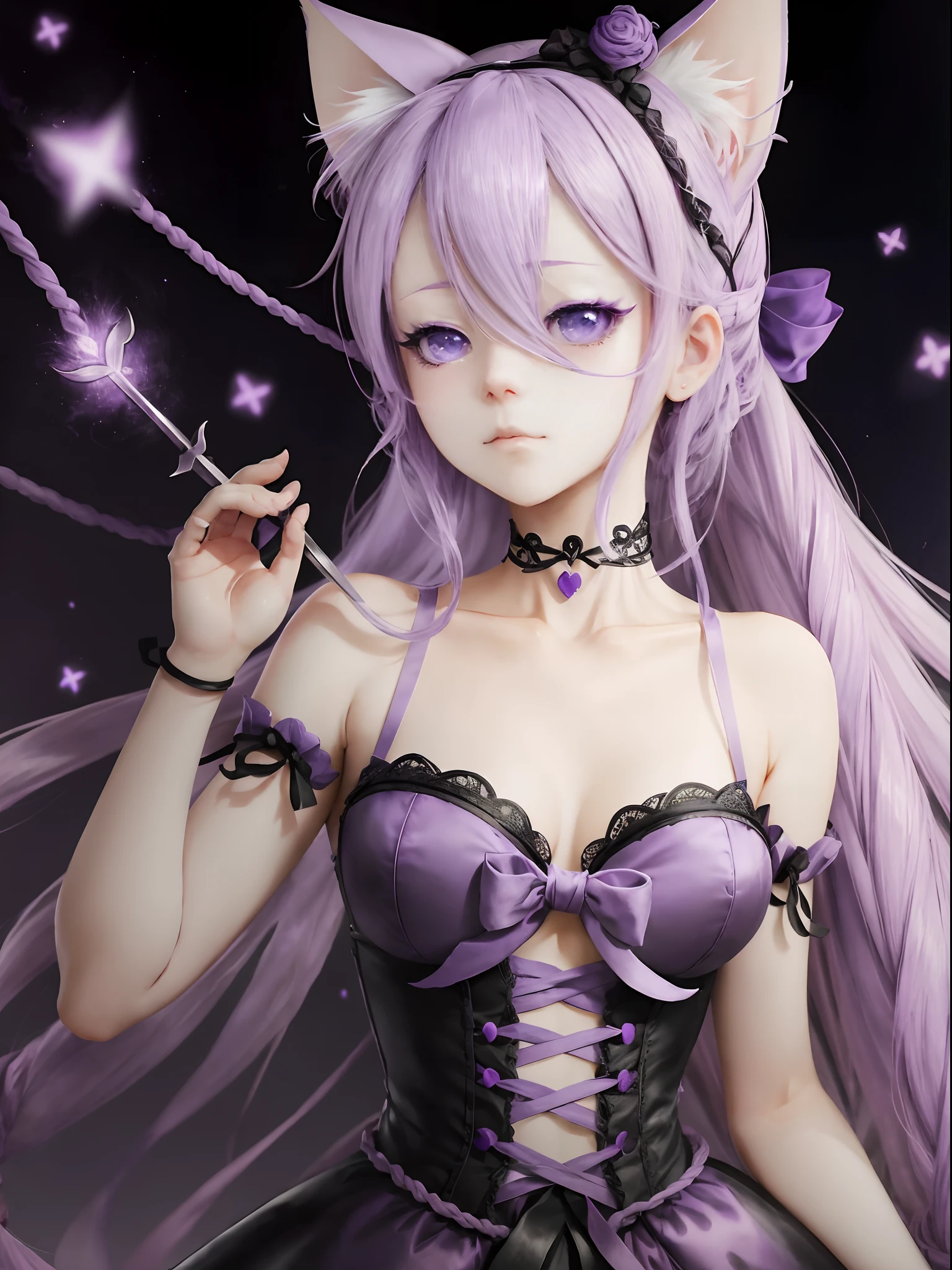 I'm being stabbed in the back、Lilac hair、Lilac cat ears、Bare、Reluctant face、Characters with panting voices、Wrists are tied with ropes、Black blindfold、Beautiful girl in anime style、Sekkusu --auto