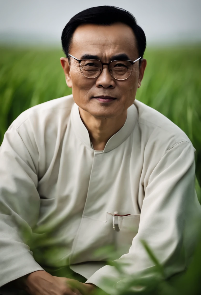 Create an image of Li Keqiang,Have the physiognomy and characteristics of Chinese,Sitting on the farmland
