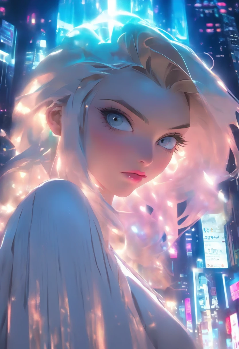 Masterpiece, Highest quality, (solofocus), (Perfect face:1.1), (High detail:1.1),Dramatic, 1人, (Pale skin), Long white hair, White eyes, [Light eyebrows], Solo, Long hair, Moon, Night, white luxury suit, covered navel, pouty lips, Covered, Futuristic city, Detailed background, Art by Artgerm and Greg Rutkowski, Cinematic lighting, rosette, Fashion, BalenciagaStyle