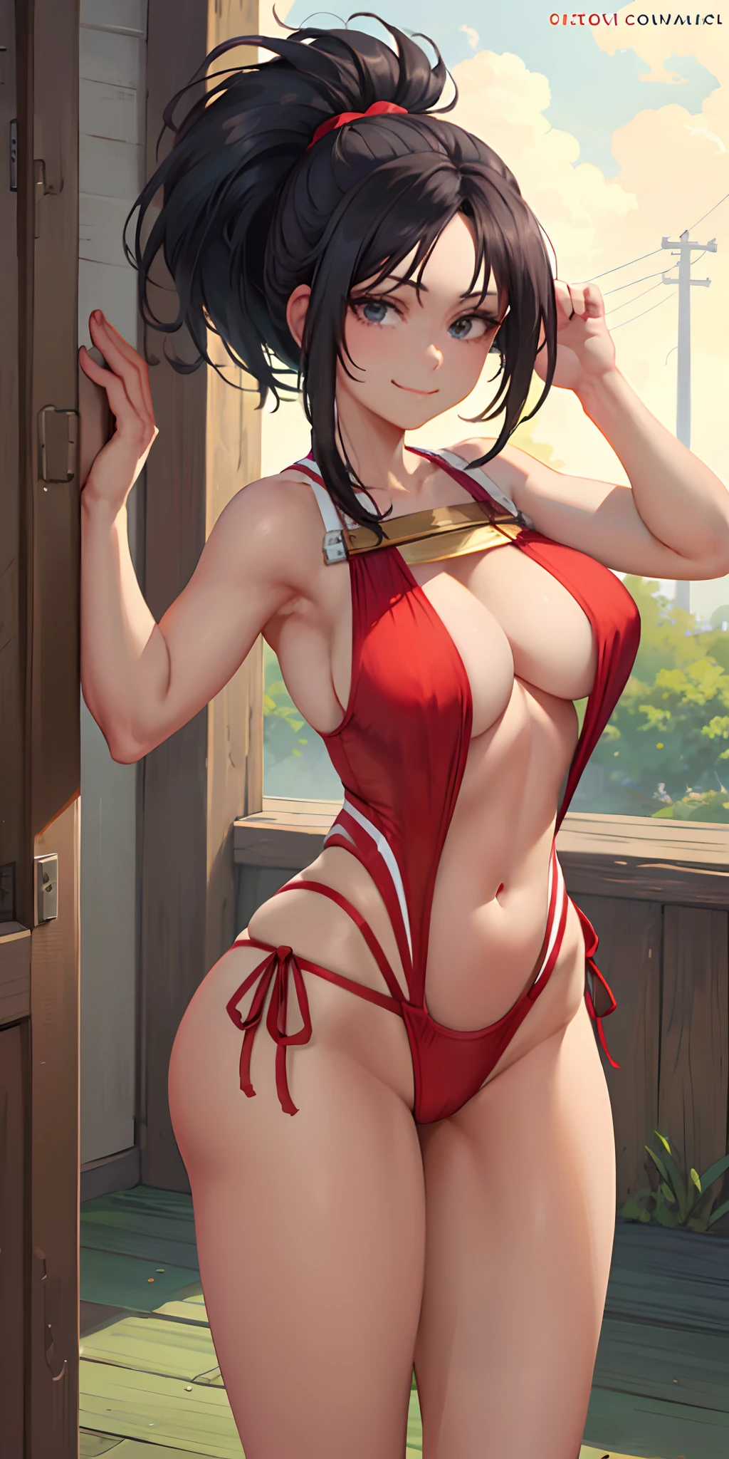 (masterpiece, best quality:1.2), cowboy shot, solo, 1girl, yaorozu momo, smile, closed mouth, look at the viewer, hands behind the head, squats, legs spread, red swimsuit