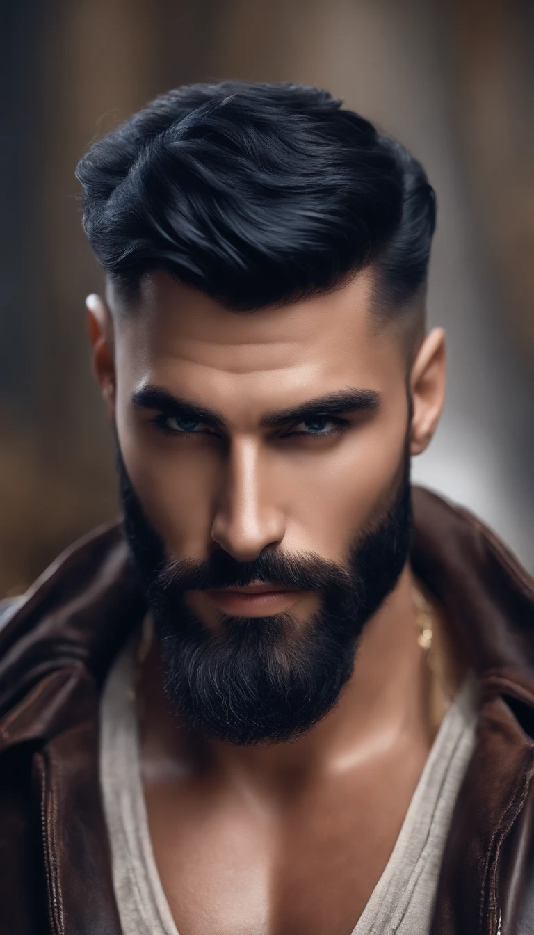 (the best quality,8k,Realstic),bel homme chauve,Barbe abondante,macho,yeux bleus,cheveux bruns, big