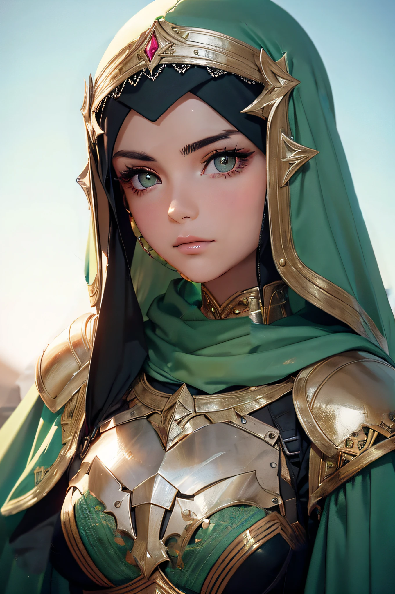 beautiful girl wearing cape hijab, whole body coverd by battle armor
