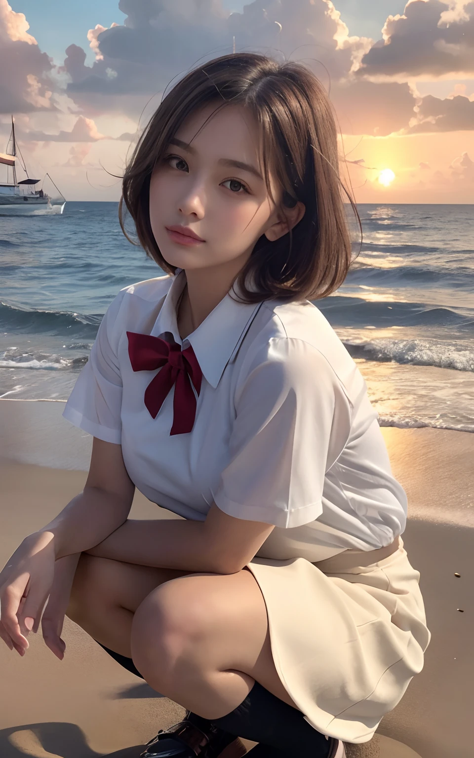 close up , ((From below)), top quality, masterpiece, 16 K, Photorealistic, Concept art, Beautiful cool girl squatting on the beach , Beautiful face, Beautiful medium bob hair in light brown, beautiful light brown eyes, Plump breasts, look at viewr, blush, High School Uniform, White blouse, pleatedskirt, Black socks, Sunset Sea Shore, Orange sky, Beautiful clouds,