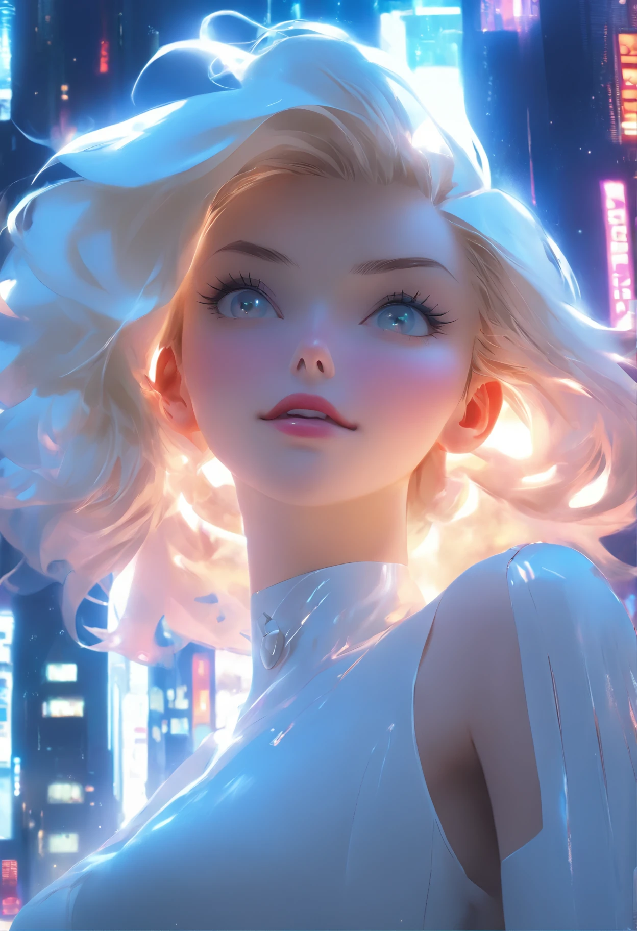 Masterpiece, Highest quality, (solofocus), (Perfect face:1.1), (High detail:1.1),Dramatic, 1人, (Pale skin), Long white hair, White eyes, [Light eyebrows], Solo, Long hair, Moon, Night, white luxury suit, covered navel, pouty lips, Covered, Futuristic city, Detailed background, Art by Artgerm and Greg Rutkowski, Cinematic lighting, rosette, Fashion, BalenciagaStyle