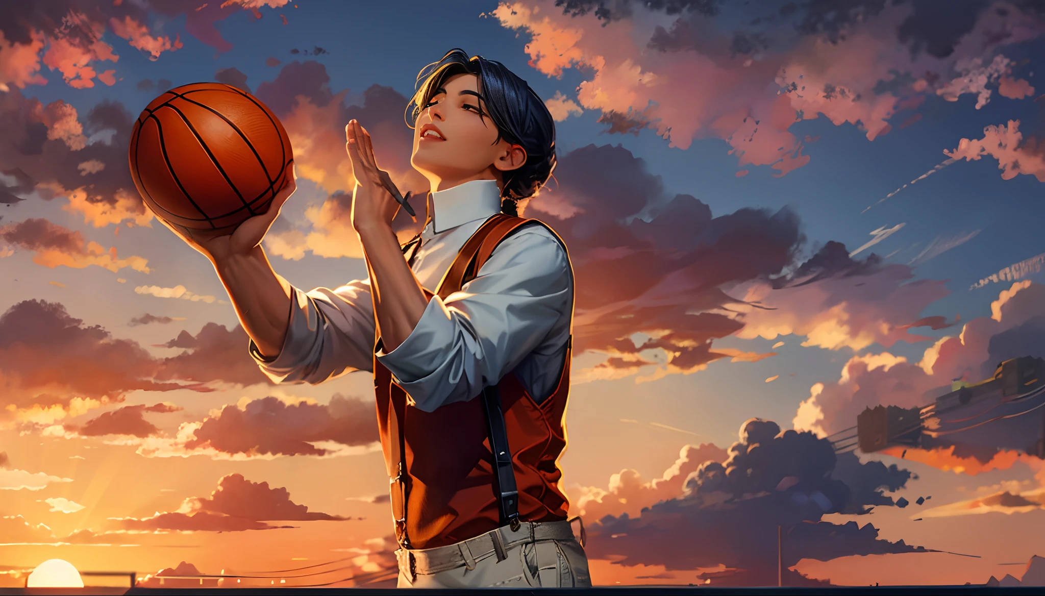 the sunset,eventide,middle parted hairstyle,Suspenders,Hands up,basketball ball