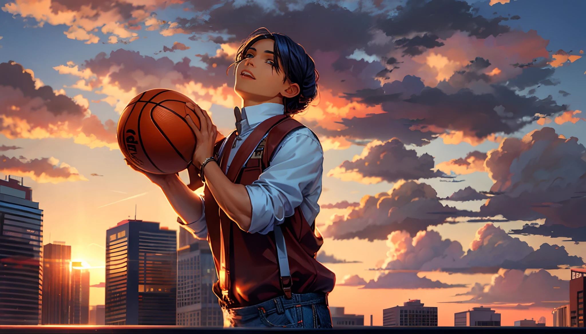 the sunset,eventide,middle parted hairstyle,Suspenders,Hands up,basketball ball