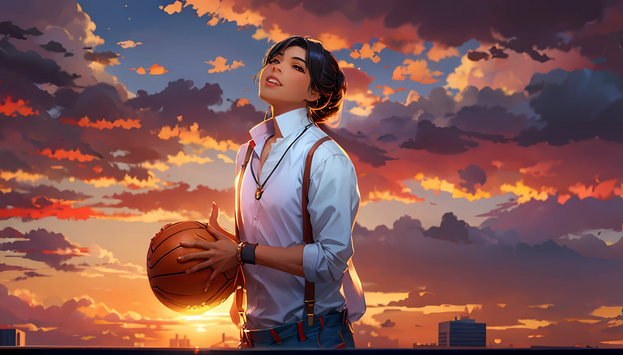 the sunset,eventide,middle parted hairstyle,Suspenders,two hand,basketball ball