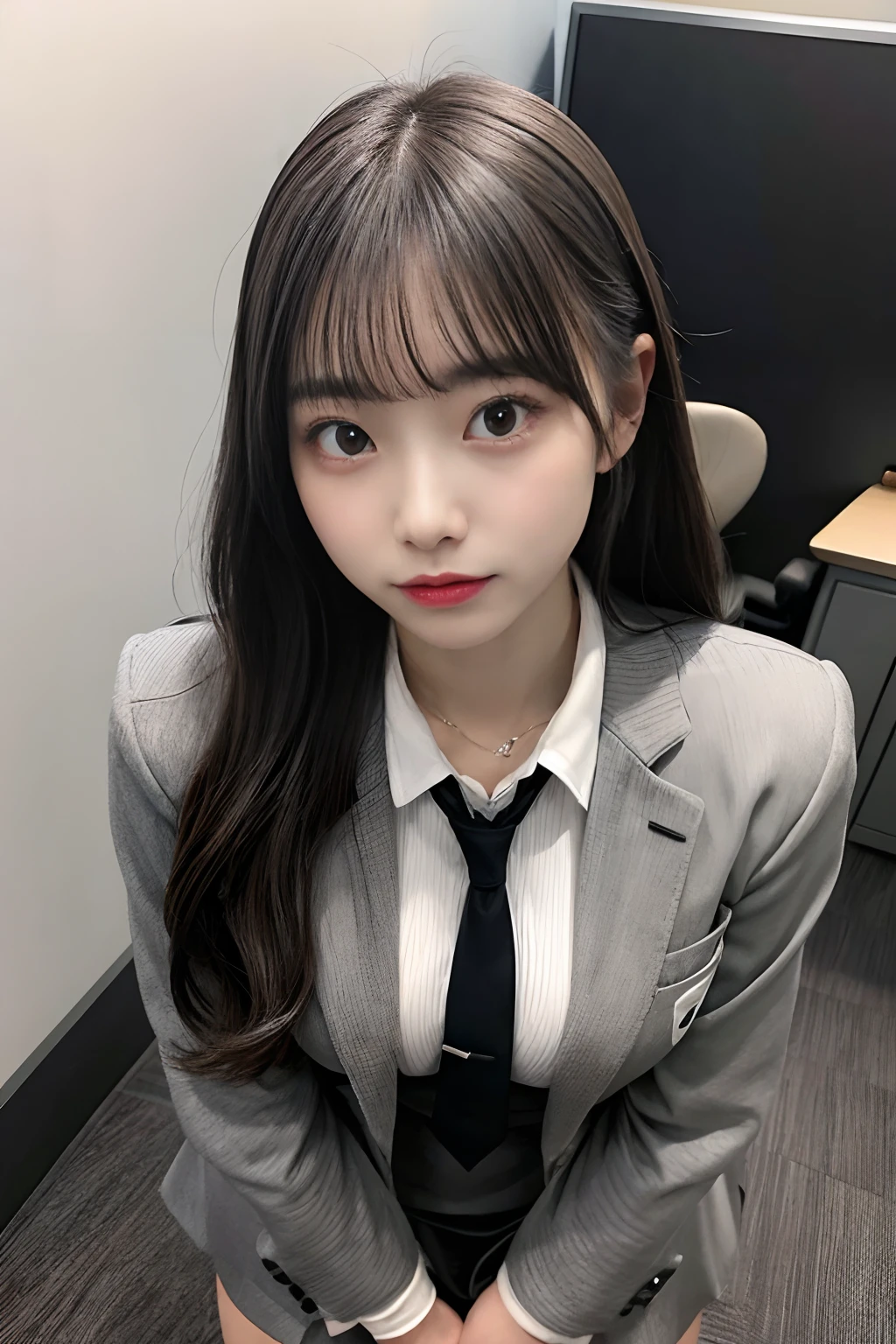 huge tit、g-cup、Woman in grey suit、Wearing a gray miniskirt、Height 145 cm、25-years old、I have my mouth wide open、Squatting in an empty office、I'm looking at it from above