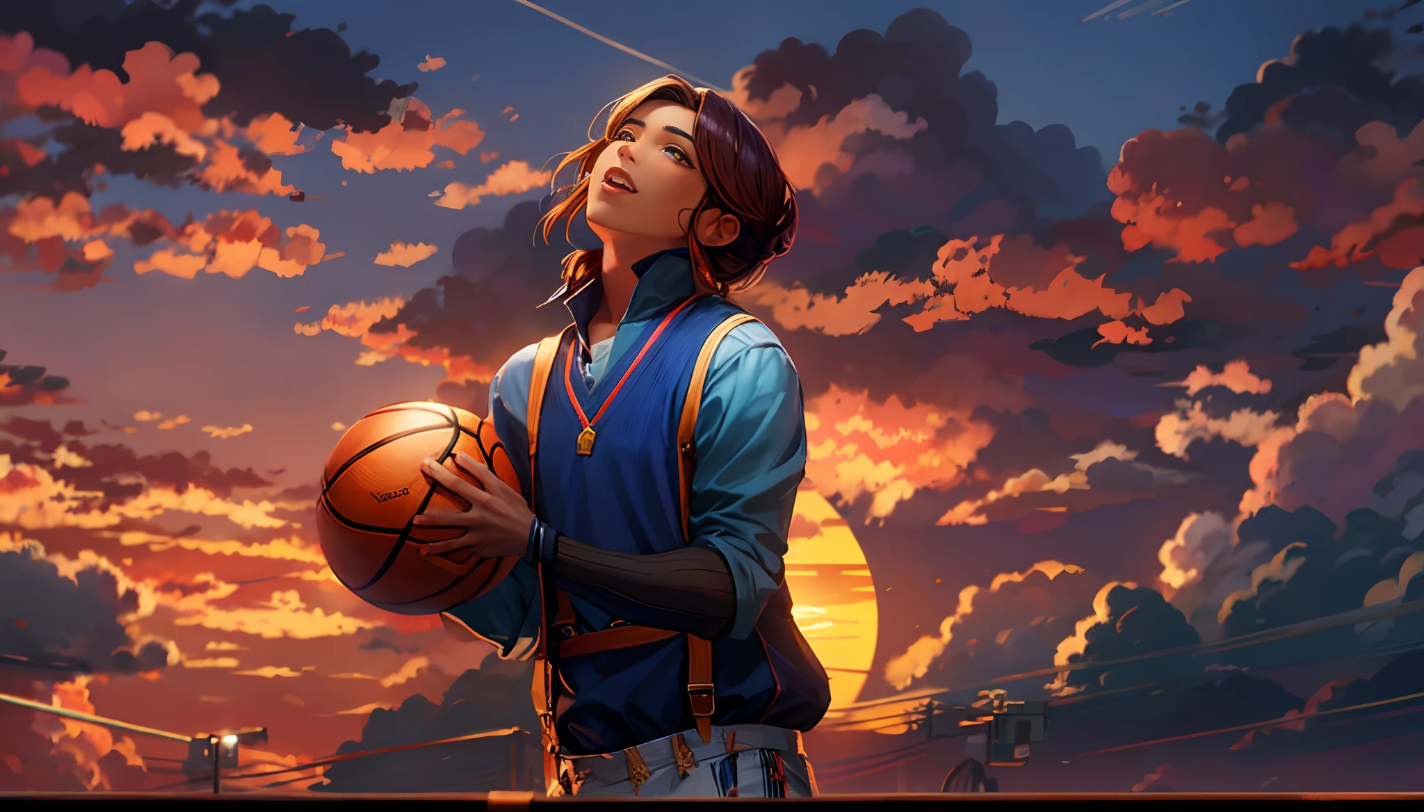 the sunset,eventide,middle parted hairstyle,Suspenders,Hands up,basketball ball