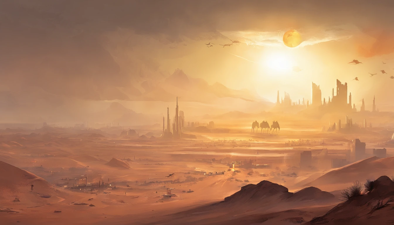 The sun in the haze, Desert, cavalry, city in the distance, Storm in the desert