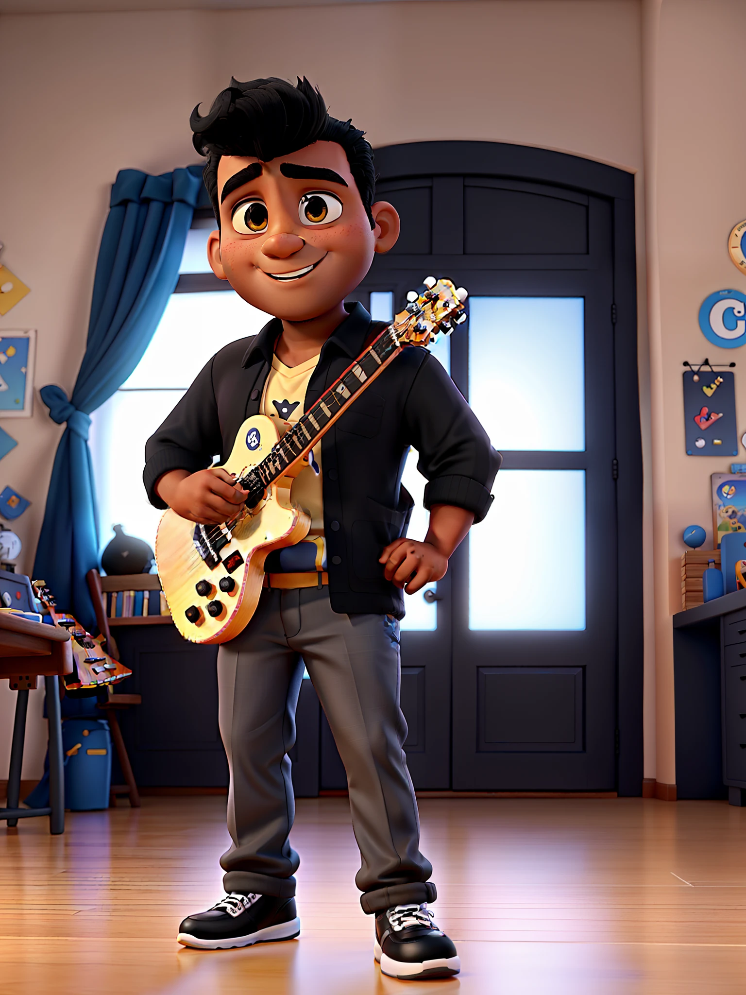 Disney pixar style, chubby, dark-skinned man, straight black hair with a pompadour, black eyes, playing the guitar
