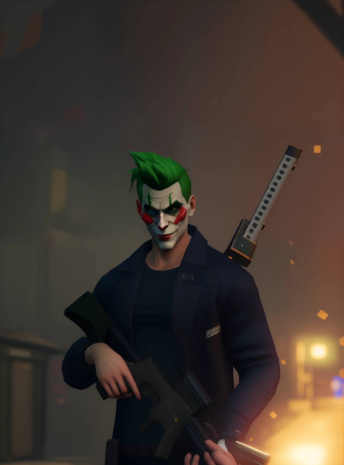 arafed man with green hair holding a gun and a gun, jerma985 as the joker, gta character, 3 d render of jerma 9 8 5, cyberpunk street goon, ingame image, as a character from gtav, cinematic full character, action scene screenshot, gta v character, looks like jerma985, sfm render