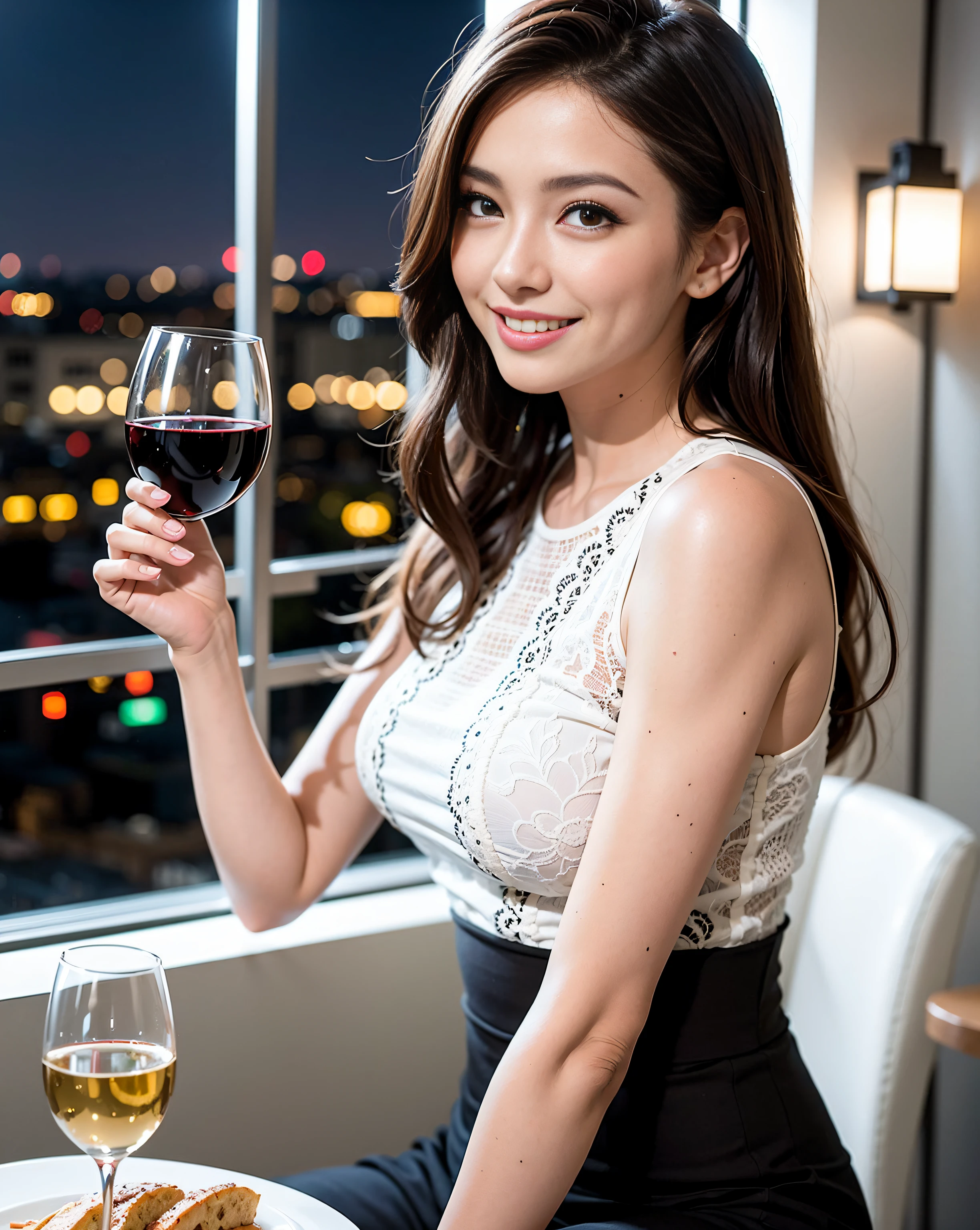(64K, UHD, top quality, masterpiece: 1.2), (realistic, photorealistic: 1.37), super detailed, pretty woman 1 person, (slim face), (slim body), (brown hair), (short cut), cheeks slightly blushing, (44 years old), 38 years old, solo, beautiful detailed urban night view outside the window, restaurant, wine glasses sit, at night, in a prominent placeNovaFrogStyle, Actress, Model, Waist Up, White Wine, Slim, Wine Glass, Super Clean Night View, Wine Glass Put in the Middle, Happy Smile, (Smile: 1.15), Beautiful Fine Eyes, Upper Body, Bust Japan Up, Night, Short, Short, Actress, Model, Waist Up, White Wine, Slim, Wine Glass, Super Clean Night View, Wine Glass Put in the Middle, Happy Smile,