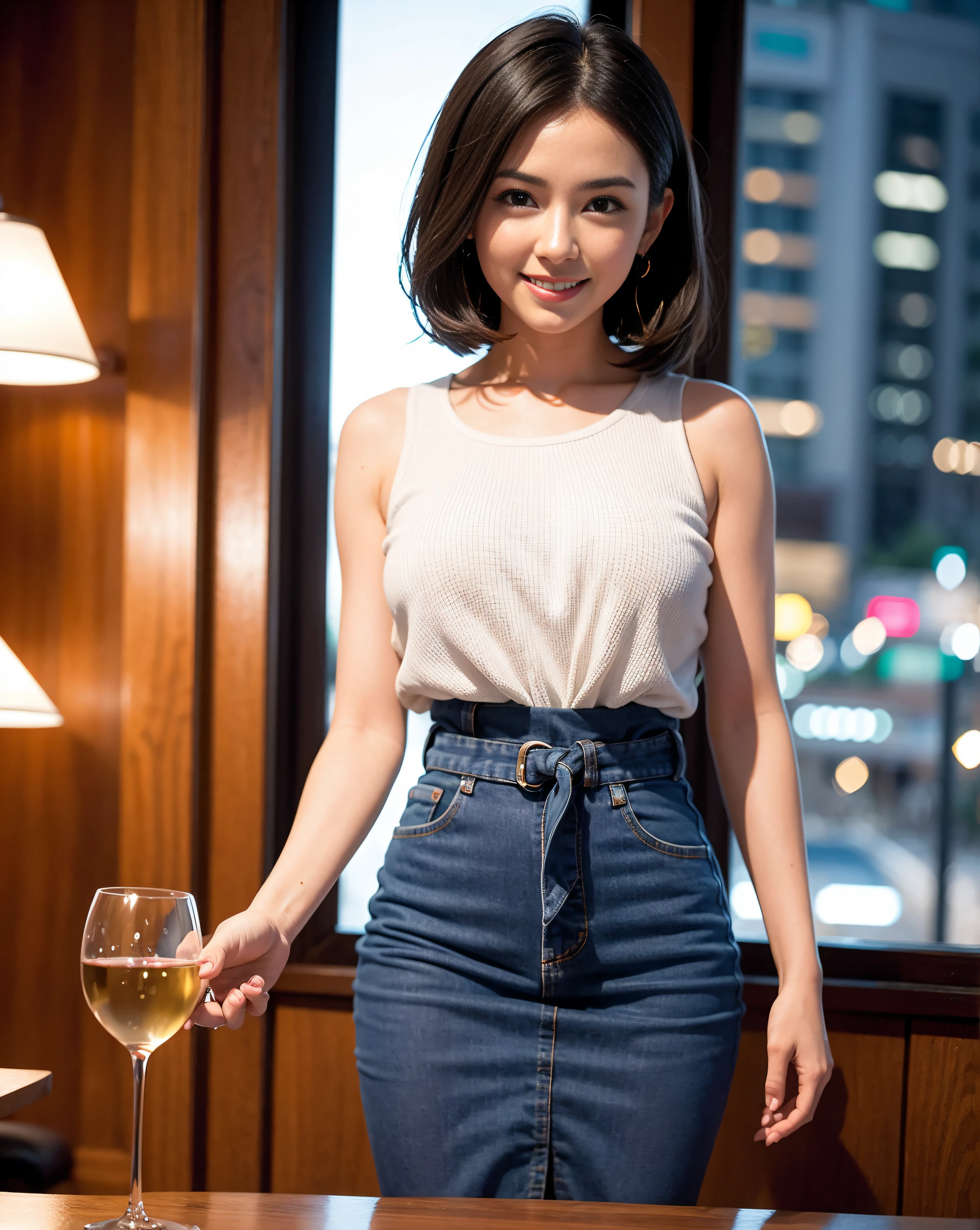 (64K, UHD, top quality, masterpiece: 1.2), (realistic, photorealistic: 1.37), super detailed, pretty woman 1 person, (slim face), (slim body), (brown hair), (short cut), cheeks slightly blushing, (44 years old), 38 years old, solo, beautiful detailed urban night view outside the window, restaurant, wine glasses sit, at night, in a prominent placeNovaFrogStyle, Actress, Model, Waist Up, White Wine, Slim, Wine Glass, Super Clean Night View, Wine Glass Put in the Middle, Happy Smile, (Smile: 1.15), Beautiful Fine Eyes, Upper Body, Bust Japan Up, Night, Short, Short, Actress, Model, Waist Up, White Wine, Slim, Wine Glass, Super Clean Night View, Wine Glass Put in the Middle, Happy Smile,