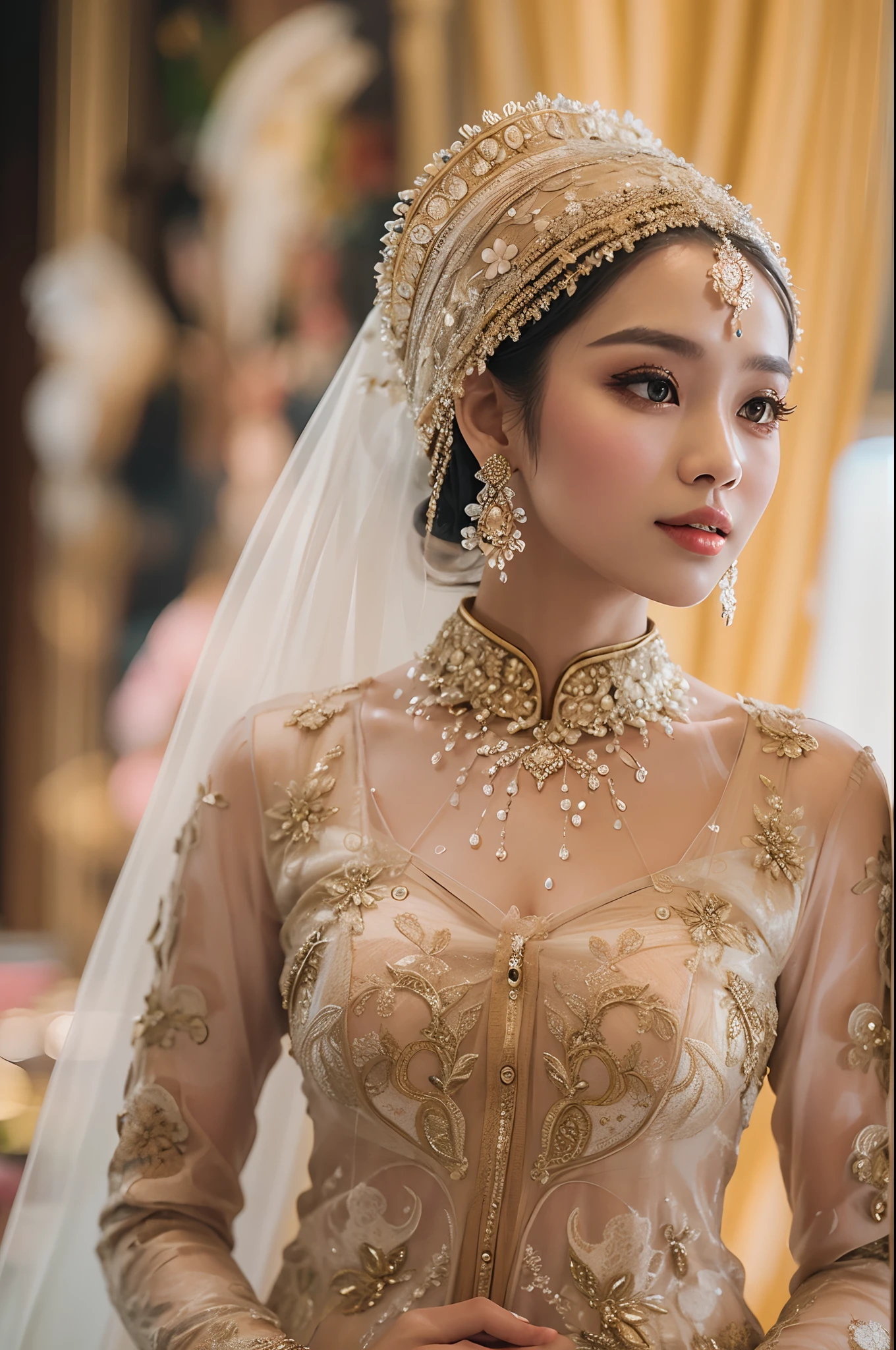 Capture the elegance of a Malay bride as she stands in a beautifully decorated Malay traditional wedding setting. The bride, adorned in a stunning and intricate baju kurung or kebaya, wears a hijab with delicate embellishments. Enhance the image with soft, warm lighting to emphasize the bridal attire's intricate details and create a sense of romance and cultural richness. Ensure the backdrop reflects the grandeur of a Malay wedding, complete with traditional elements and floral decorations. style raw, pastel color grading, Super 8mm lense, Extreme close-up, depth of field cinematography effect, high quality, ultra detail, 8k, using Panavision DXL2 camera.