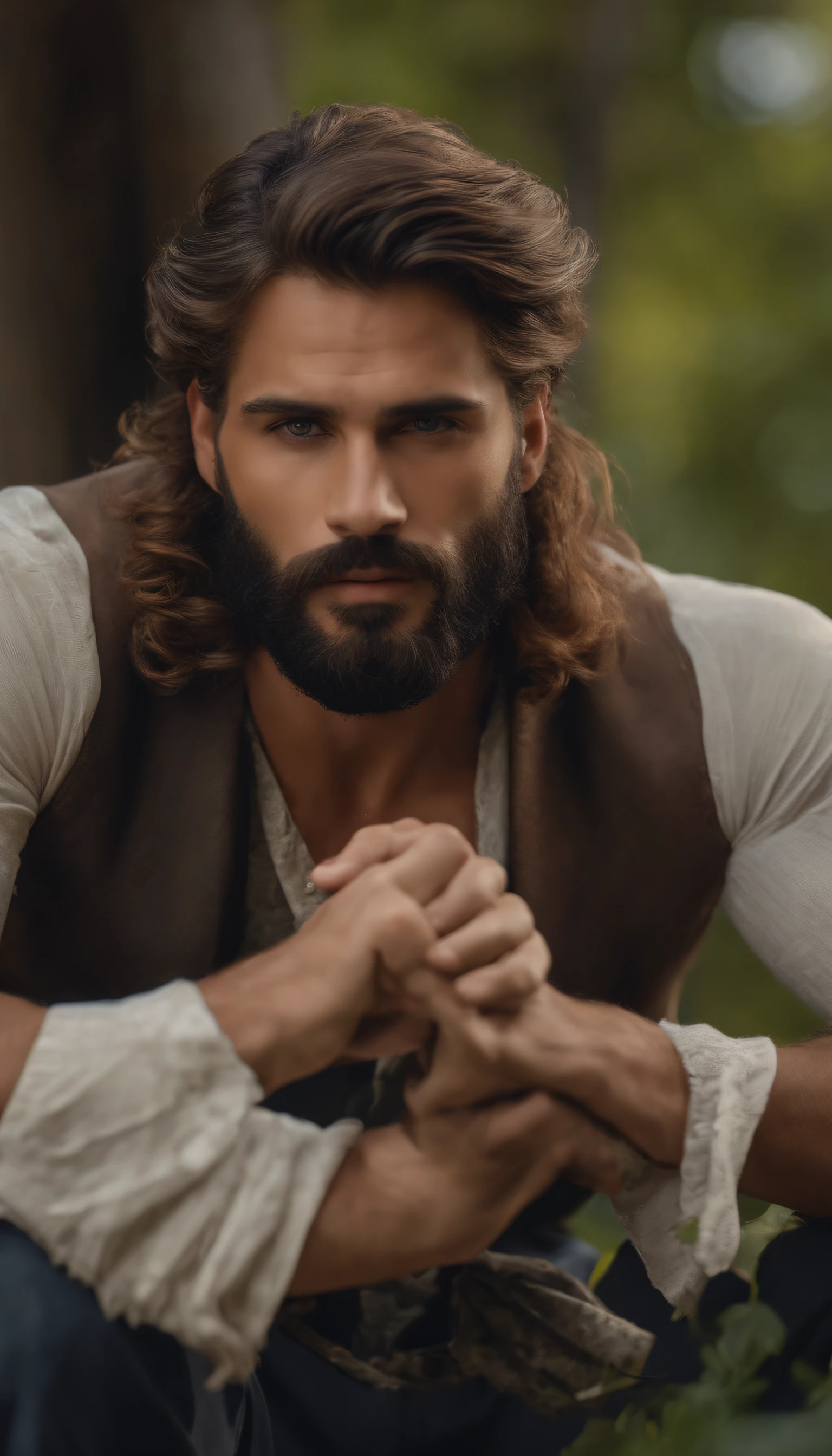 (the best quality,8k,Realstic),bel homme,Barbe abondante,macho,yeux bleus,cheveux bruns,leger surpoid, french
