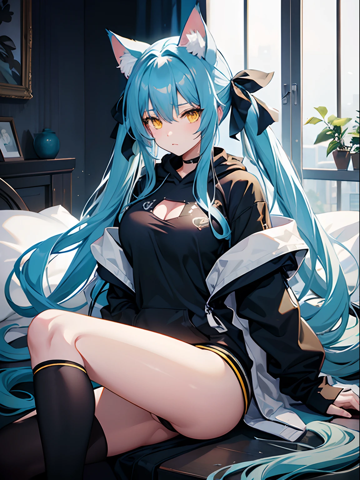 Long Hair, Twintail, Light Blue Hair, Yellow Eyes, Cat Ears, Cat Tail, Big Boobs, Wearing Hoodie, Long Stocking, Nighttime, Wearing Black Gloves, Inside a house