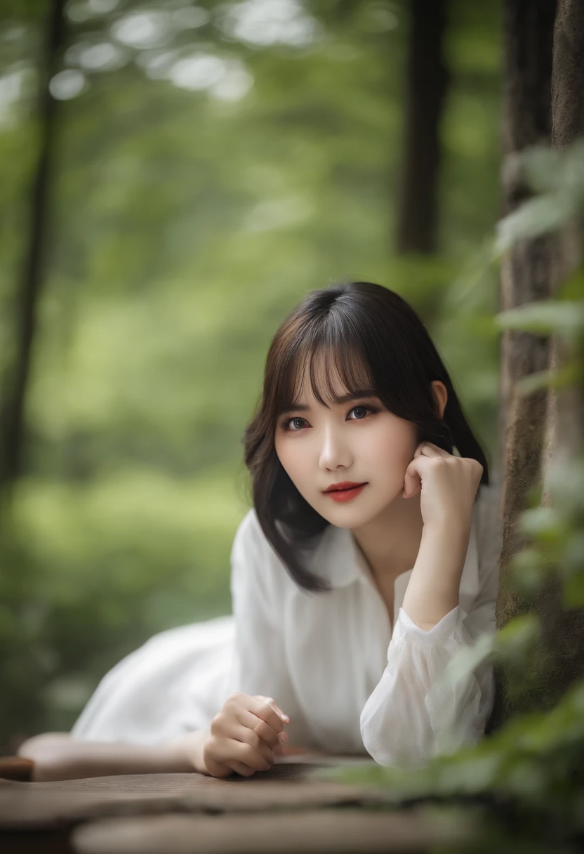 Photo Real、photoRealstic、top-quality A dark-haired、long-haired、Lots of bangs、Straight hair that is not curled、beret、wetting hair、Drenched hair The contours of the face are round、small mouth、a small face、drooing eyes、big eye、a baby face、Beautiful skin Maid Outfits for Cosplay、Clothes with a collar、Clothes made of sheer fabrics、White long skirt、long skirt、Skirt to the feet、Wet clothes、damp clothing、soaked clothes、Transparent clothing 2guys、18year old、young body、skinny body、Beautiful skins、whole body soaked、the whole body is wet Laughing、Laughing expression、Facial expressions to enjoy、Sit elegantly in a chair、Water all over the body、Wet in the rain Background with、Sateen、Very heavy rain、Heavy rain、puddle、in woods、Sunlight shines in、Shade、beautiful forest、Wooden chair、vases