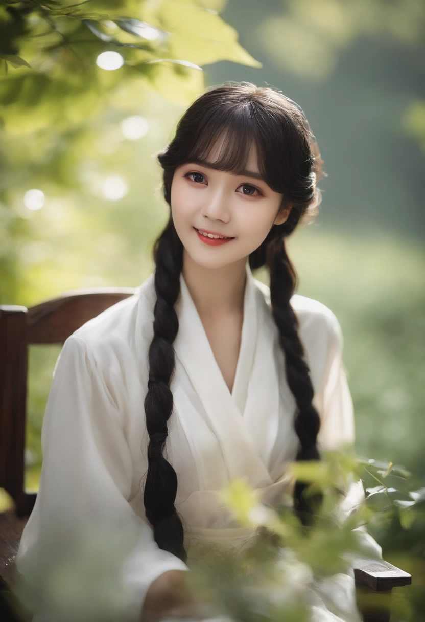 Photo Real、photoRealstic、top-quality A dark-haired、long-haired、Lots of bangs、Straight hair that is not curled、beret、wetting hair、Drenched hair The contours of the face are round、small mouth、a small face、drooing eyes、big eye、a baby face、Beautiful skin Maid Outfits for Cosplay、Clothes with a collar、Clothes made of sheer fabrics、White long skirt、long skirt、Skirt to the feet、Wet clothes、damp clothing、soaked clothes、Transparent clothing 2guys、18year old、young body、skinny body、Beautiful skins、whole body soaked、the whole body is wet Laughing、Laughing expression、Facial expressions to enjoy、Sit elegantly in a chair、Water all over the body、Wet in the rain Background with、Sateen、Very heavy rain、Heavy rain、puddle、in woods、Sunlight shines in、Shade、beautiful forest、Wooden chair、vases