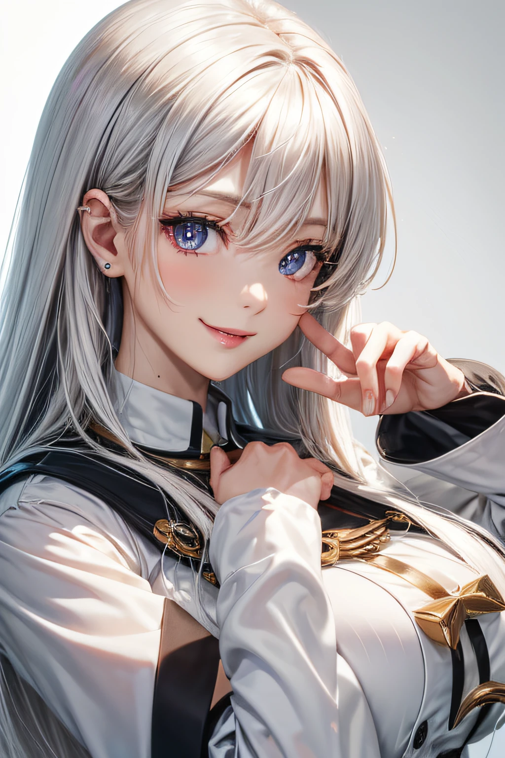(Anime style)、masutepiece、Best Quality、ultra-detailliert、glistening shiny、Glowing light、Ray tracing、nffsw、deph of field、(Perfect face、Detailed face、Detailed eyes)、(huge tit: 1.2),in 8K,A moment ago,An ultra - realstic face,Ray tracing,Perfect Lighting,Best Quality,ultra-detailliert,shiny eyes, (Looking at Viewer,Functional smile:1.1), ((1girl in)) , (gals, maturefemale:1.4),hour glass_Body shape, sailors,Long hair,((Beautiful hair)),Black eyes, Gradient Eyes, (Glowing eyes:1.1), ( fashion make up), Parting Lip、Long coat、Piercing、ear piercings、Bright pupils、bead bracelet、(((White background))、Functional Poses。