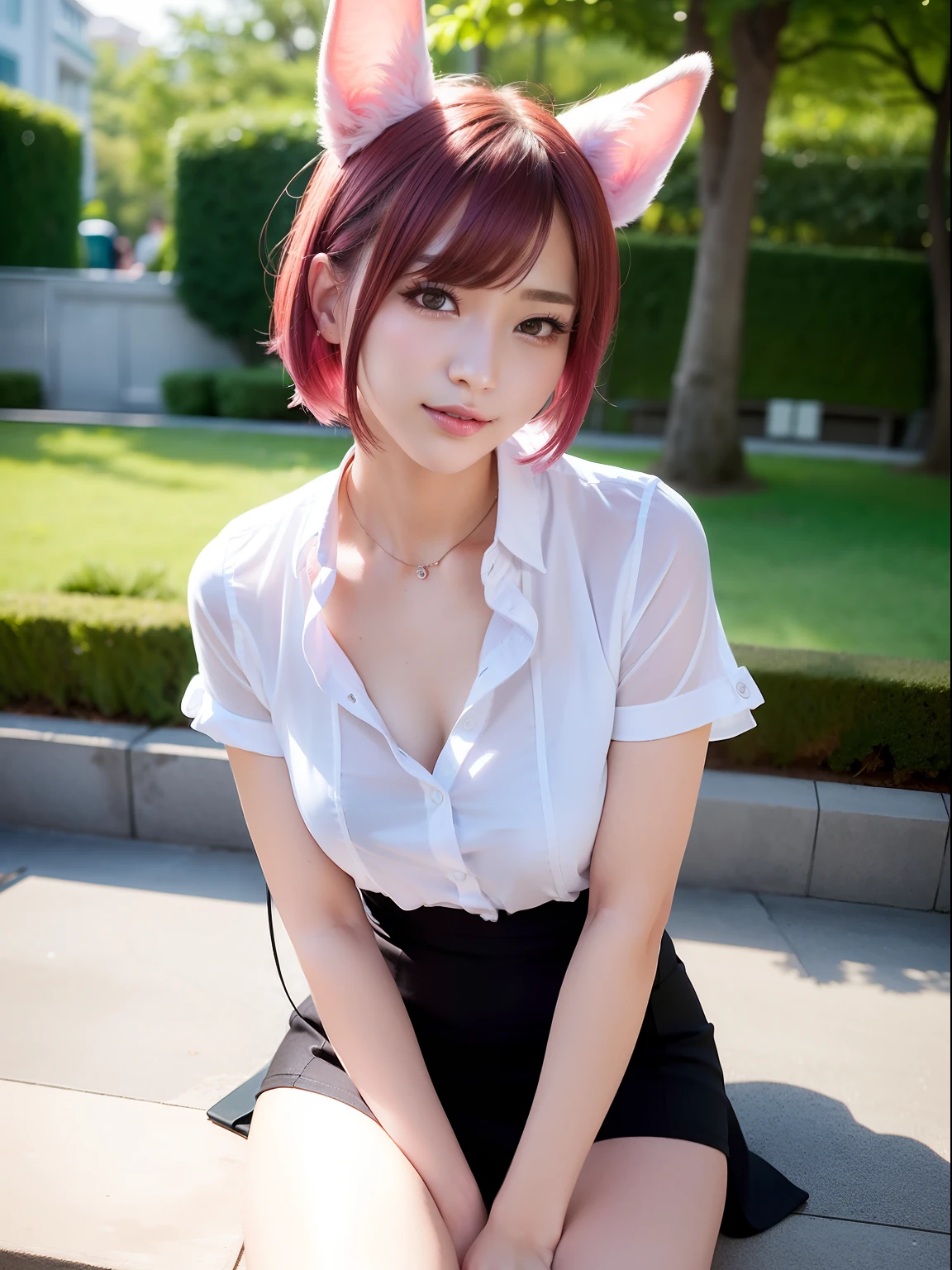 Pink short cut hair,(8K, top-quality, masterpiece:1.2), (realisitic, Photorealsitic:1.37), ultra-detailliert, 1 girl in, full body Esbian, a park, (Adjusted hair:1.5) Officelady, Black Office Blazer, Office Skirt, (panthyhose: 1.2)、(Short button-down shirt:1.2)、Button Up Color Prim、Button Down Color Prim、bura、(panthyhose:1.2)、Alpha Layer、high-heels、earring beautiful、cute little、独奏、Beautiful detailed sky、(A smile:1.15)、(Mouth closed)、tiny chest、Eyes in Beautiful Details、Business attire、(short-hair:1.2)、Floating Hair NovaFrogStyle、Hotel Bed、masuter piece、Pink Shortcut Bob、Realistic rabbit ears、Pink realistic rabbit ears、Realistic ears of rabbits sticking out of the head、Pink hair、Beautiful girl in her 20s、Bewitching atmosphere、Beautiful shaped hands、K-POP、Pink rabbit ears、1 girl in、独奏、masterpiece、top-quality、realisitic、Hyper-detailing、(Glossy skin:1.4)、absurderes、short pink hair、Slender beauties、动态照明、hight resolution、foco nítido、depth of fields、(thick thight:1.0)、A slender :1.2,((Short-cut bob hair))、((k pop:1.3)),Highly detailed facial and skin texture、((魅惑的)),Anatomically correct number of fingers,Correct anatomy