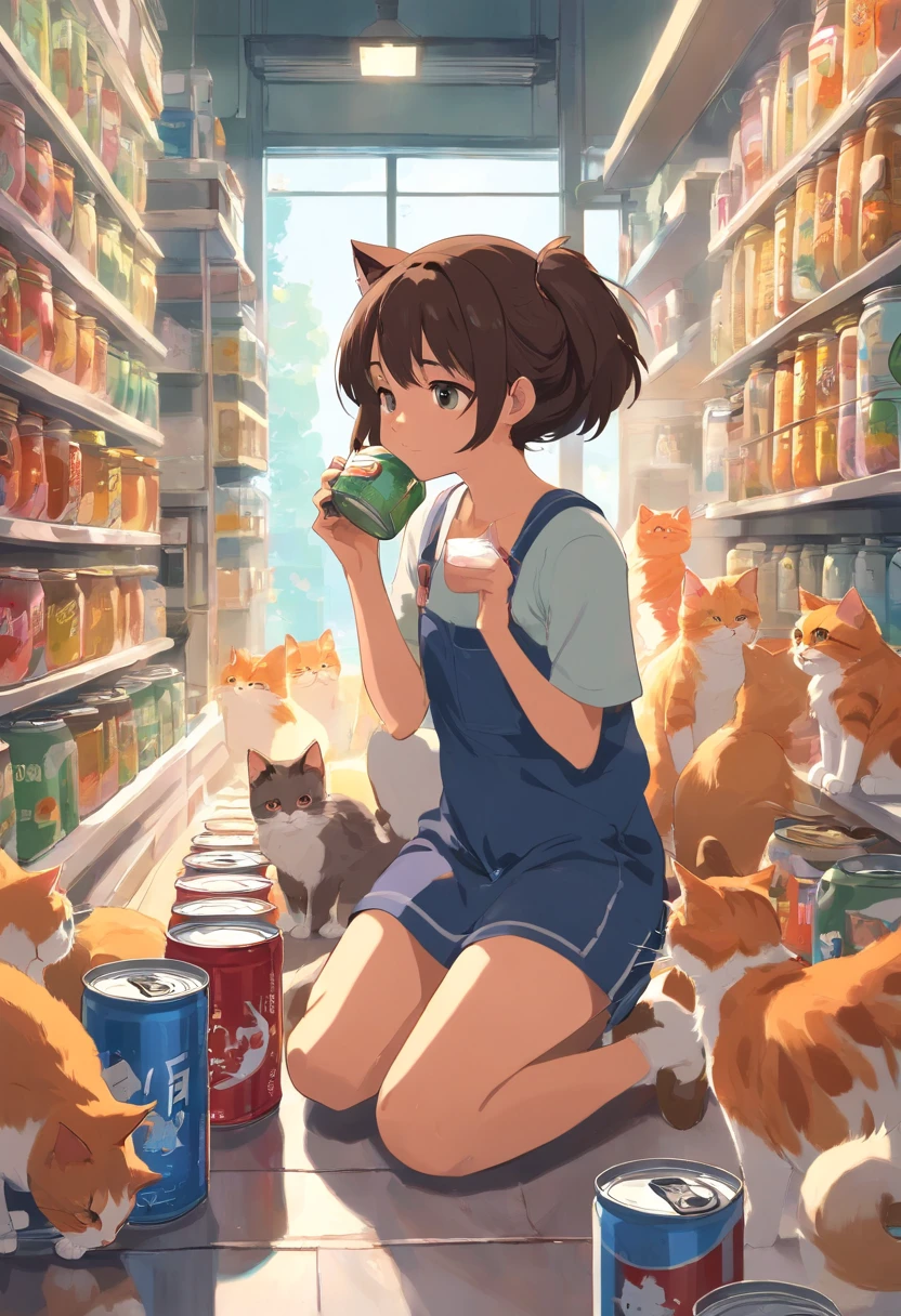 Cats see cans, Eating food, Stuck in the jar, The girl's expression was dejected，Look at the phone