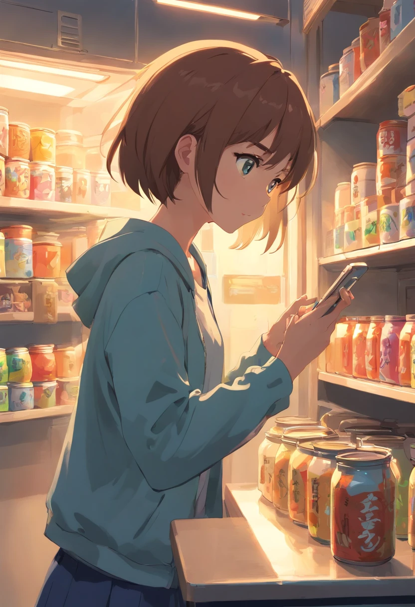 Cats see cans, Eating food, Stuck in the jar, The girl's expression was dejected，Look at the phone