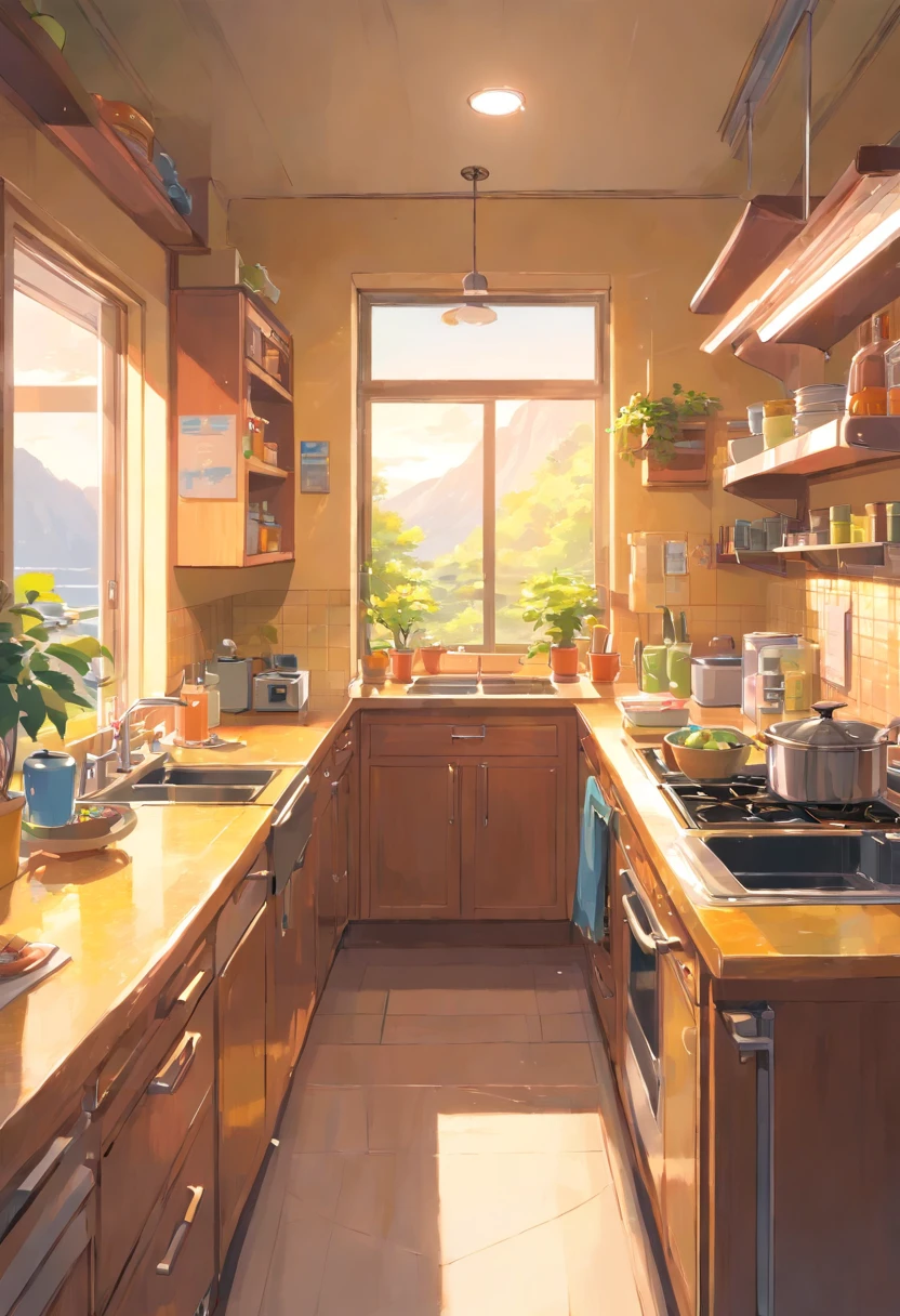 In the bright kitchen,(In the middle is the tap:1.4),(Lots of bowls:1.2),cupboard, microwave oven,Super detail, High details, high qulity