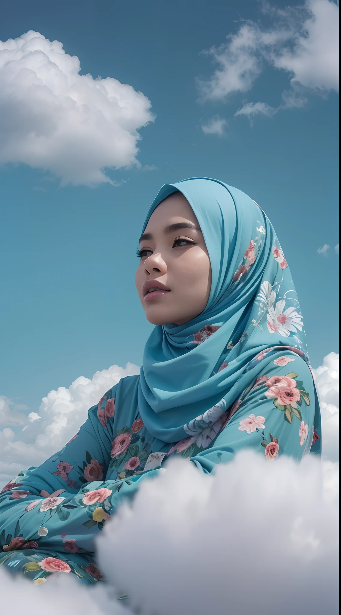 Capture the Malay girl in blue hijab and floral pattern baju kurung sitting on a fluffy cloud high in the sky. The cloud acts as her personal retreat in the sky, suspended above the world below, 28mm lens, Establishing shot, muted color grading, cinemascope effect, high quality, using Panavision DXL2 camera,