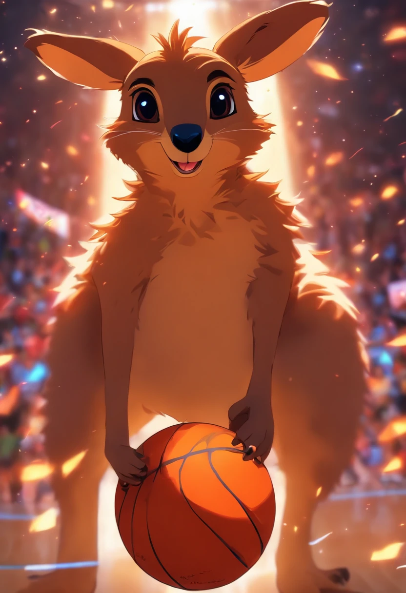 Cute animal anthropomorphism,Cute kangaroo(The head of an animal),wearing basketball outfit,Play basketball on the basketball court,It jumps up and slams the dunk,Lovely drawing style,(Cinematic lighting1.6),Golden ratio composition,the right proportions,hyper-high detail,8K,