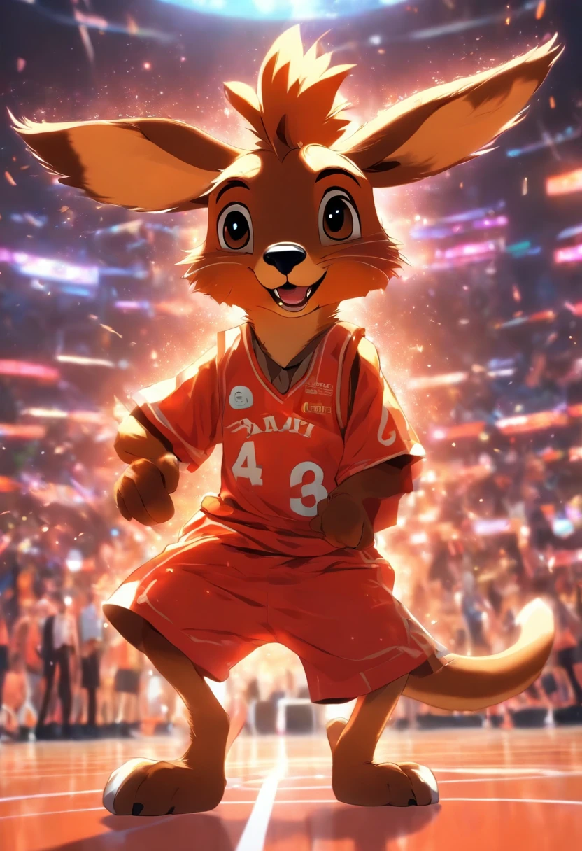 Cute animal anthropomorphism，Cute kangaroo（The head of an animal），wearing basketball outfit，Play basketball on the basketball court，It jumps up and slams the dunk，Lovely drawing style，（Cinematic lighting1.6），Golden ratio composition，the right proportions，hyper-high detail，8K，