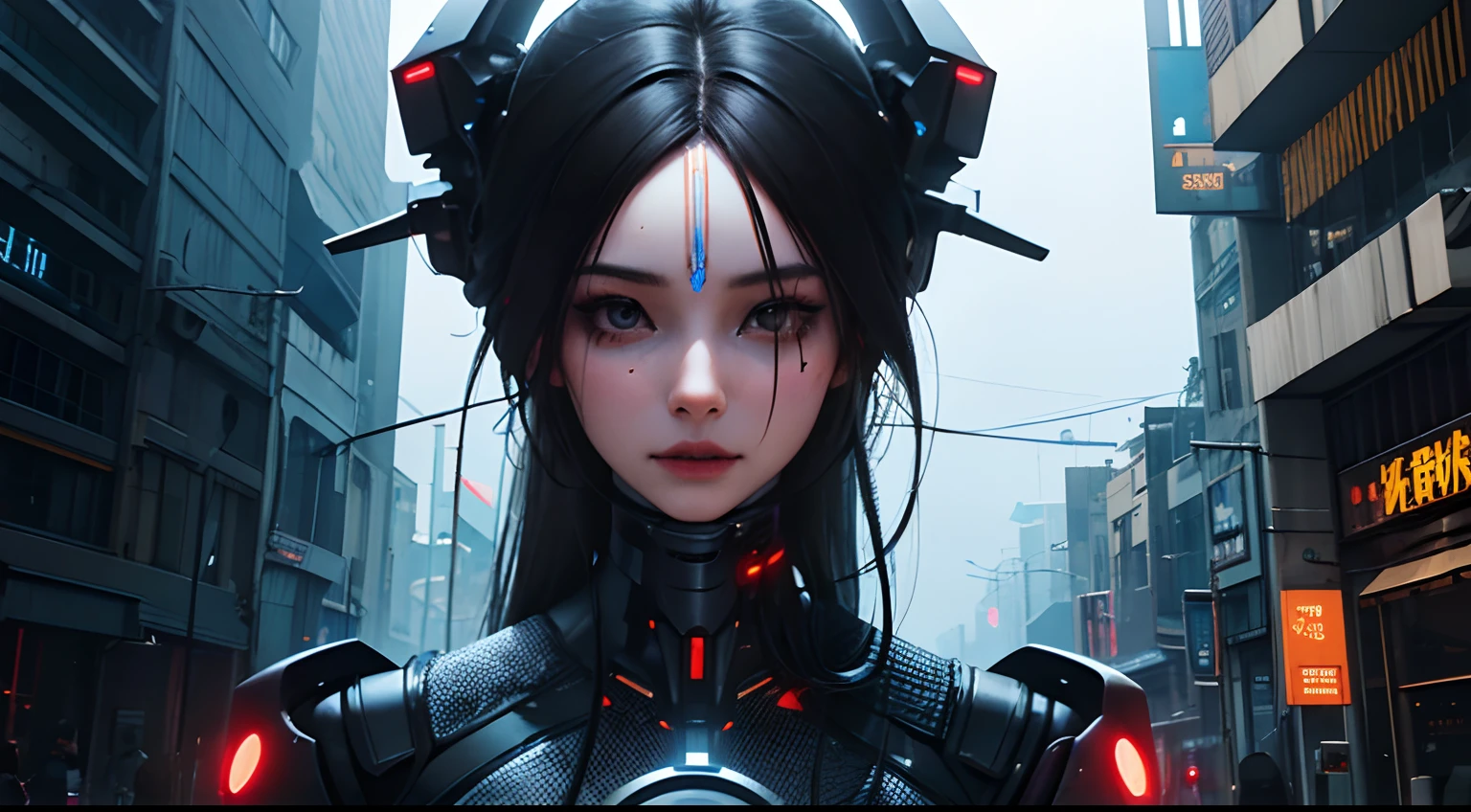 1mechanical girl,((ultra realistic details)),portrait,detailed face,global illumination,shadows,octane render,8k,ultra sharp,(Half-body:1.1),metal,intricate,ornaments detailed,cold colors,egypician detail,highly intricate details,realistic light,trending on cgsociety,glowing eyes,facing camera,neon details,machanical limbs,blood vessels connected to tubes,mechanical cervial attaching to neck,wires and cables connecting to head,killing machine,