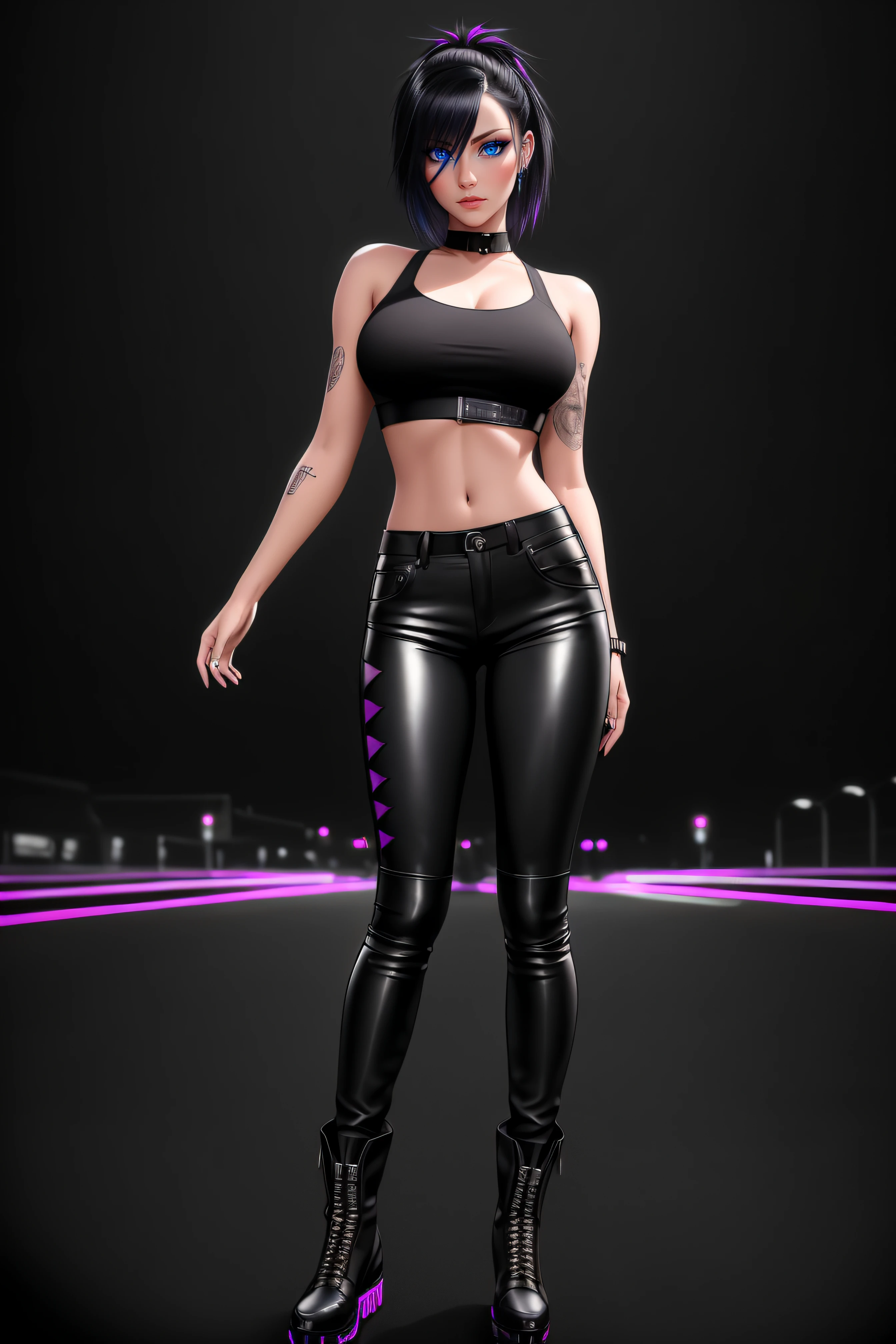 beautiful girl, ((standing:1.4)), (confident gaze:1.1), full body, short bright neon streaked black hair, ((realistic highly detailed eyes:1.4)), ((seductive pose:1.2)), black eyeshadow, (street style wear:1.2), ((tight fitted pants)), ((knee high leather boots)), (dark city night black background:1.4), dark makeup, digital art, trending on artstation, highly detailed, fine detail, intricate, detailed facial features, sharp focus, smooth, aesthetic,