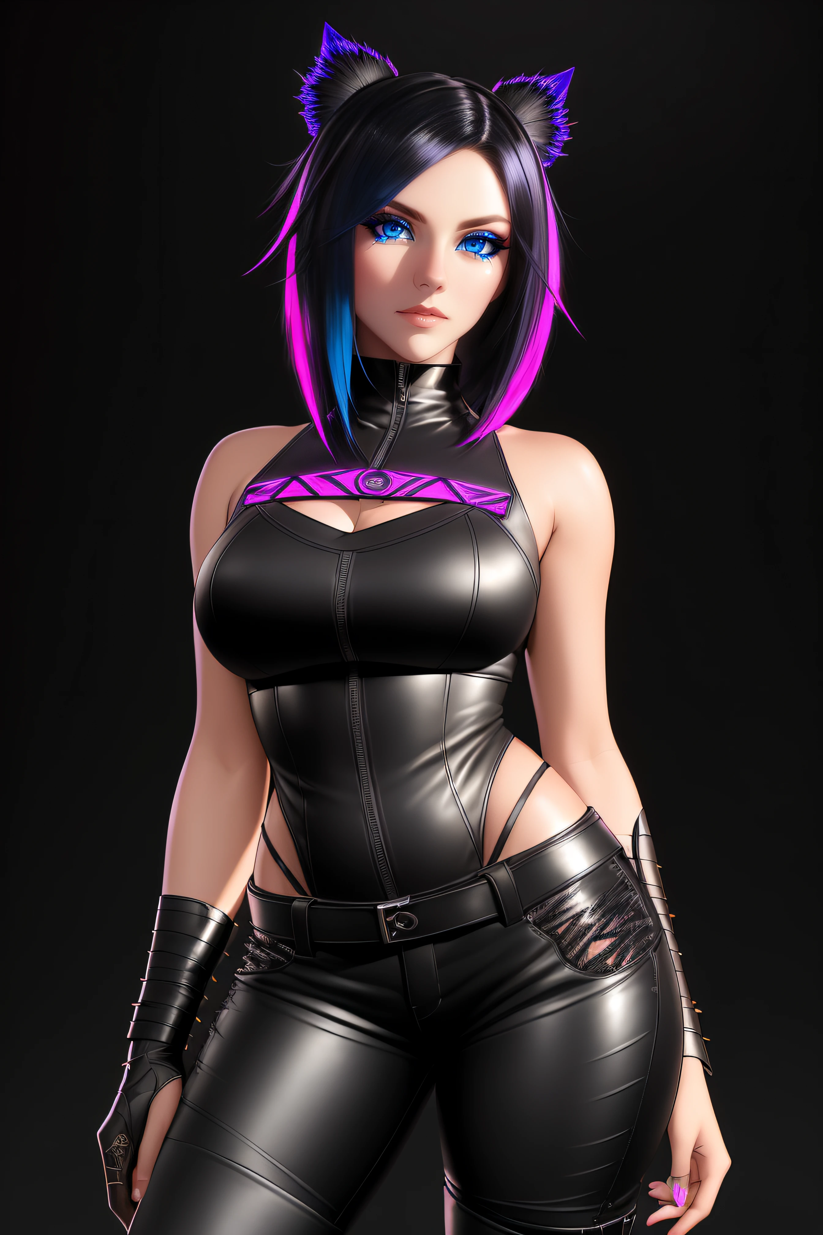 beautiful girl, ((standing:1.4)), (confident gaze:1.1), full body, short bright neon streaked black hair, ((realistic highly detailed eyes:1.4)), ((seductive pose:1.2)), black eyeshadow, (street style wear:1.2), ((tight fitted pants)), ((knee high leather boots)), (dark city night black background:1.4), dark makeup, digital art, trending on artstation, highly detailed, fine detail, intricate, detailed facial features, sharp focus, smooth, aesthetic,