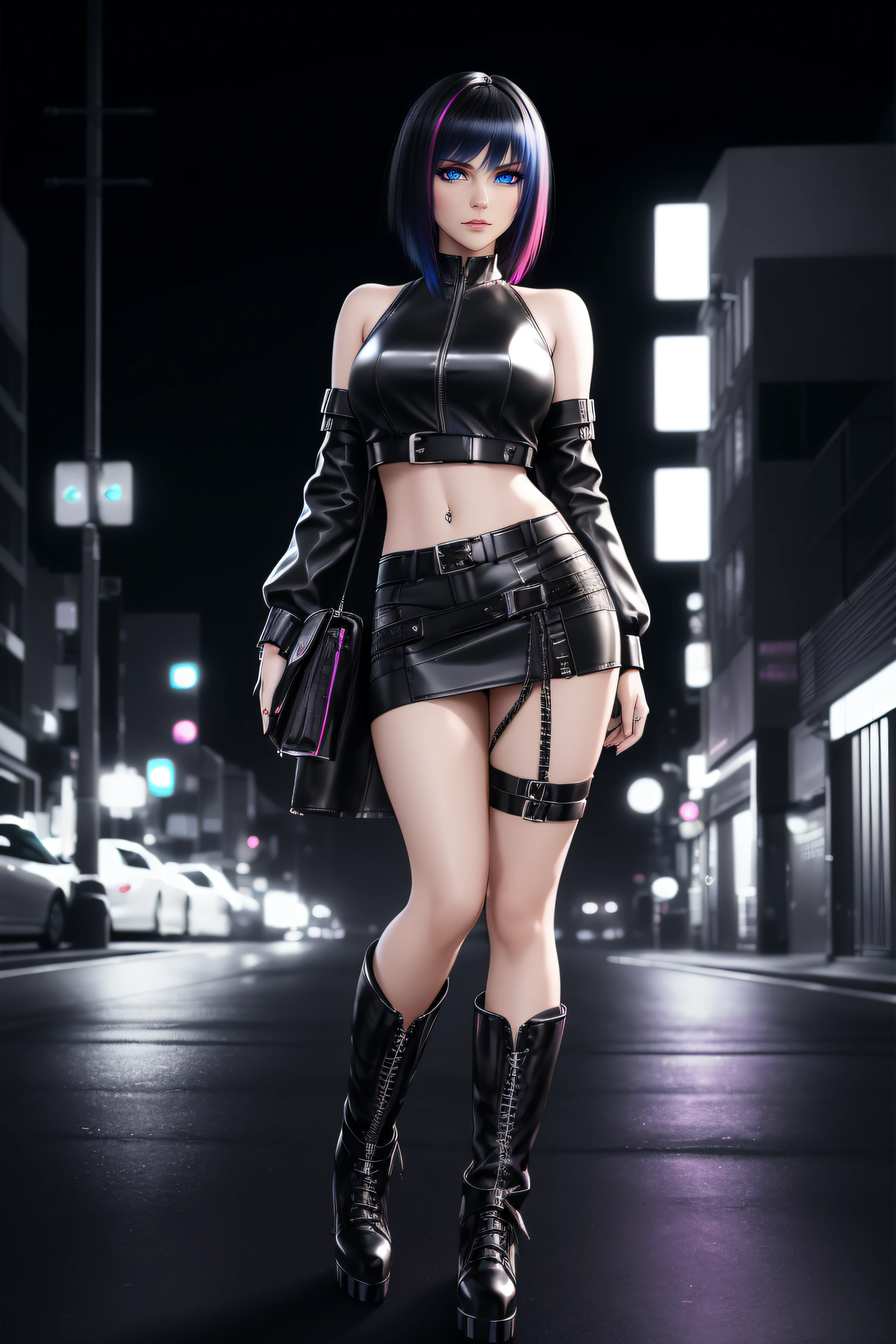 beautiful girl, full body, bright blue neon streaked dishevelled hair, ((large light realistic detailed eyes:1.3)), ((seductive pose:1.5)), black eyeshadow, (street style wear:1.2), ((tight fitted short skirt)), ((thigh high leather boots:1.3)), ((dark plain black background:1.4)), dark makeup, digital art, trending on artstation, highly detailed, fine detail, intricate, beautiful detailed glow, detailed, Cinematic light, high-res, detailed facial features, sharp focus, smooth, aesthetic,
