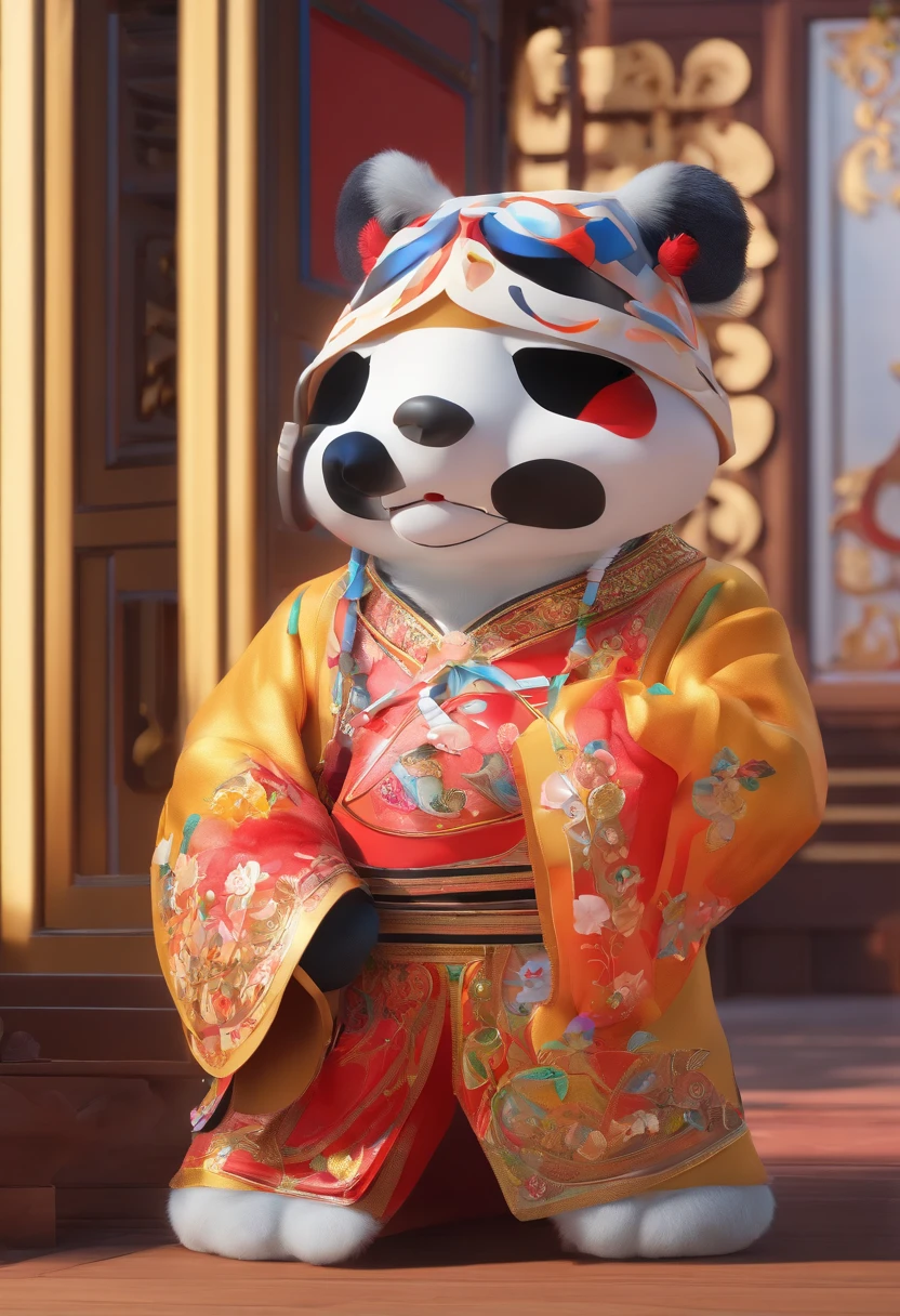 Cute animal anthropomorphism，A panda（The head of an animal），Dressed in a gorgeous Peking Opera costume and martial arts pants，Stand on stage and perform，Lovely drawing style，（Cinematic lighting1.6），Golden ratio composition，the right proportions，hyper-high detail，8K，bust