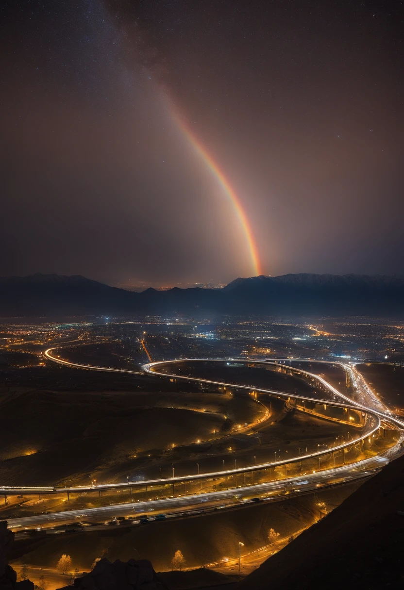 Huge crescent, imagem de qualidade alta, primitive, Stand in the Tower of Almaty, nighttime scene, milky ways, Andromeda Nebula, Streets of Almaty, smooth light, Capital Expressway Interchange, fort, Rainbow bridge, Approaching planets.