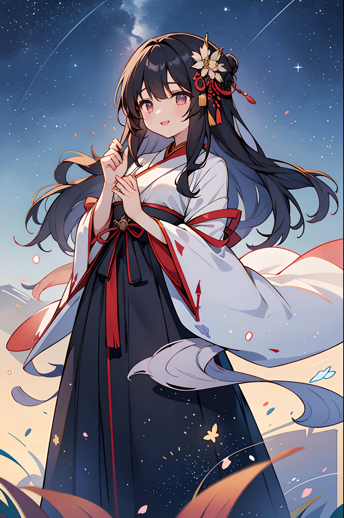 Under the beautiful starry sky, A woman with long black hair and a beautiful hair ornament、Standing in a fluffy cheongsam. ((Hanfu:1.2))Her beauty is、It further enhanced the surrounding scenery. The brilliance of the starry sky mixed with the beauty of a woman, It was a beautiful scene that seemed like a different world.
The woman looked around with a graceful smile. She was grateful for the circumstances in which she was placed.、I took that beautiful moment to heart.