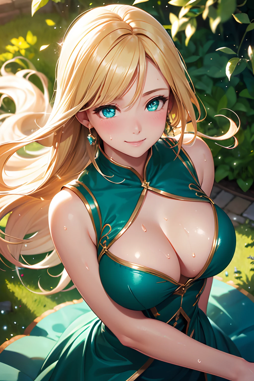 (High quality, High resolution, Fine details, Realistic), ((aerial view)), solo, Adult Woman spinning, (sparkling eyes, Detailed eyes), blond hair, flying hair, twirling dress, graceful movement, green garden background, smile, blush, Large breasts, Sweat, Oily skin, Shallow depth of field, fantasy atmosphere, colorful lighting, soft colors