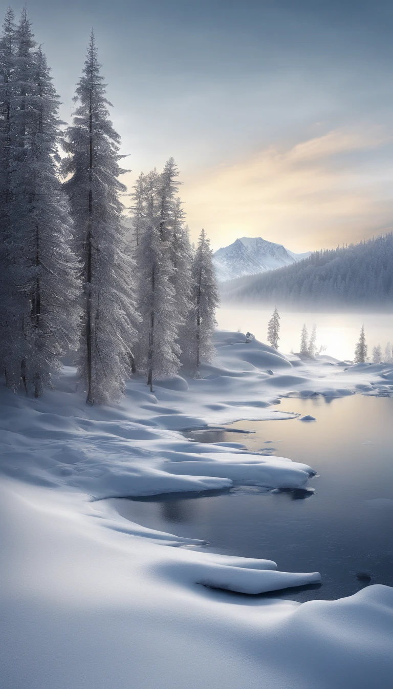 (Best quality,4K,8K,A high resolution,Masterpiece:1.2),Ultra-detailed,(Realistic,Photorealistic,photo-realistic:1.37),Winter theme,landscape,Refreshing and cool color,soft and warm lighting,Icy atmosphere,golden rays of sunlight,Icy reflections,Snow-covered mountains,Sparkling snowflakes,Evergreen tree,Melting icicles,Tranquil lake,Peaceful silence,Gentle breeze,A touch of magic,Nostalgia,Artistic brushstrokes,subtle texture,Fine details,Detailed foreground elements,Sublime horizons,Prominent perspectives,Vibrant brushstrokes,Layered composition,Vivid winter tones,Carefully crafted balances,A sense of dramatic depth,Tranquil winter scene,Ethereal beauty,A classic winter wonderland,Vibrant winter fantasy,Skillful craftsmanship,Superb artistry,Fascinating winter stories,Superb use of light and shadow,Dreamlike atmosphere,Elegant movement in the wind,One with nature,An alluring sense of adventure,Majestic and intimate,Winter hugs,Instantly frozen in time,In the distance, there is a vague figure of a person's back